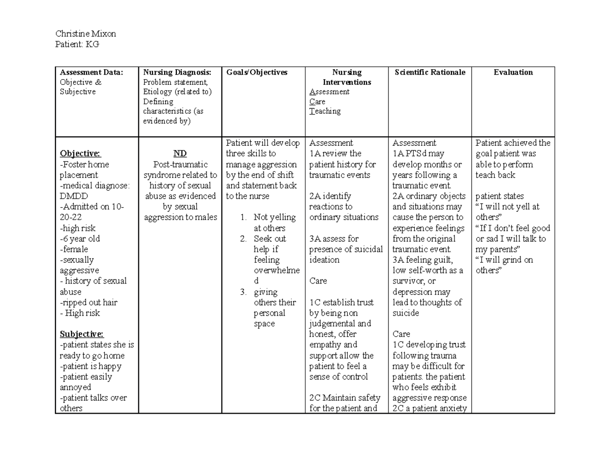 503P Care Plan Template SU22 - Christine Mixon Patient: KG Assessment ...