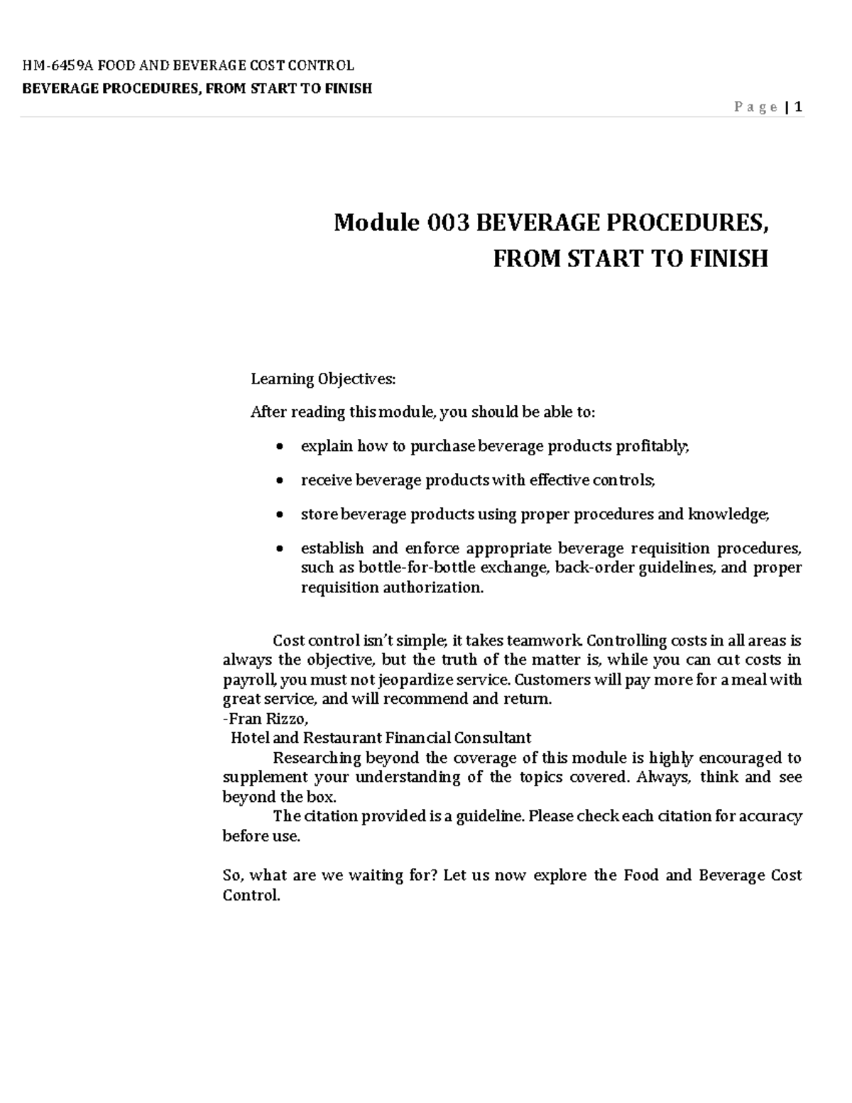 W3-Module 00F3 Beverage Procedures, FROM Start TO Finish - BEVERAGE ...