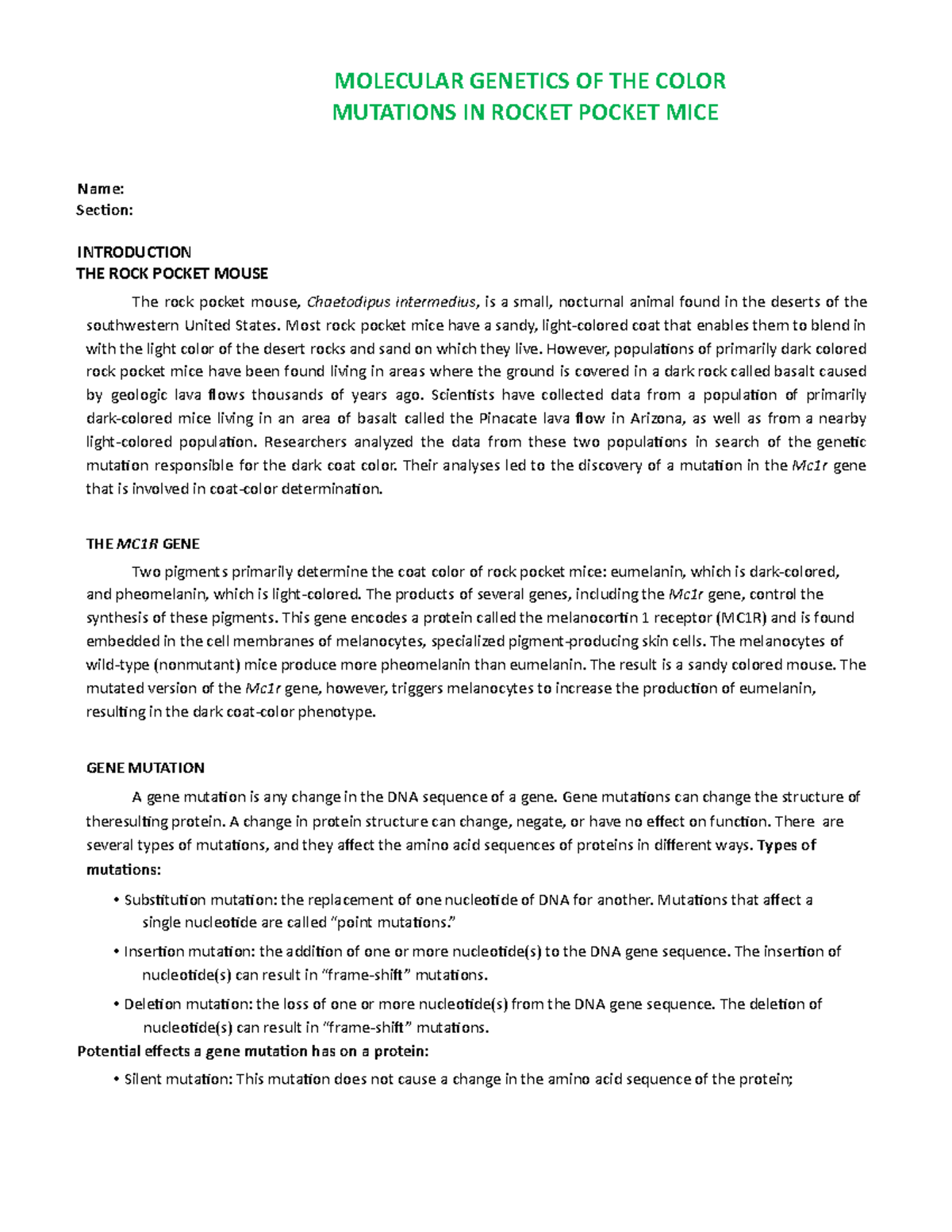 Evolutionary Bio Act 4 MOLECULAR OF THE COLOR MUTATIONS IN