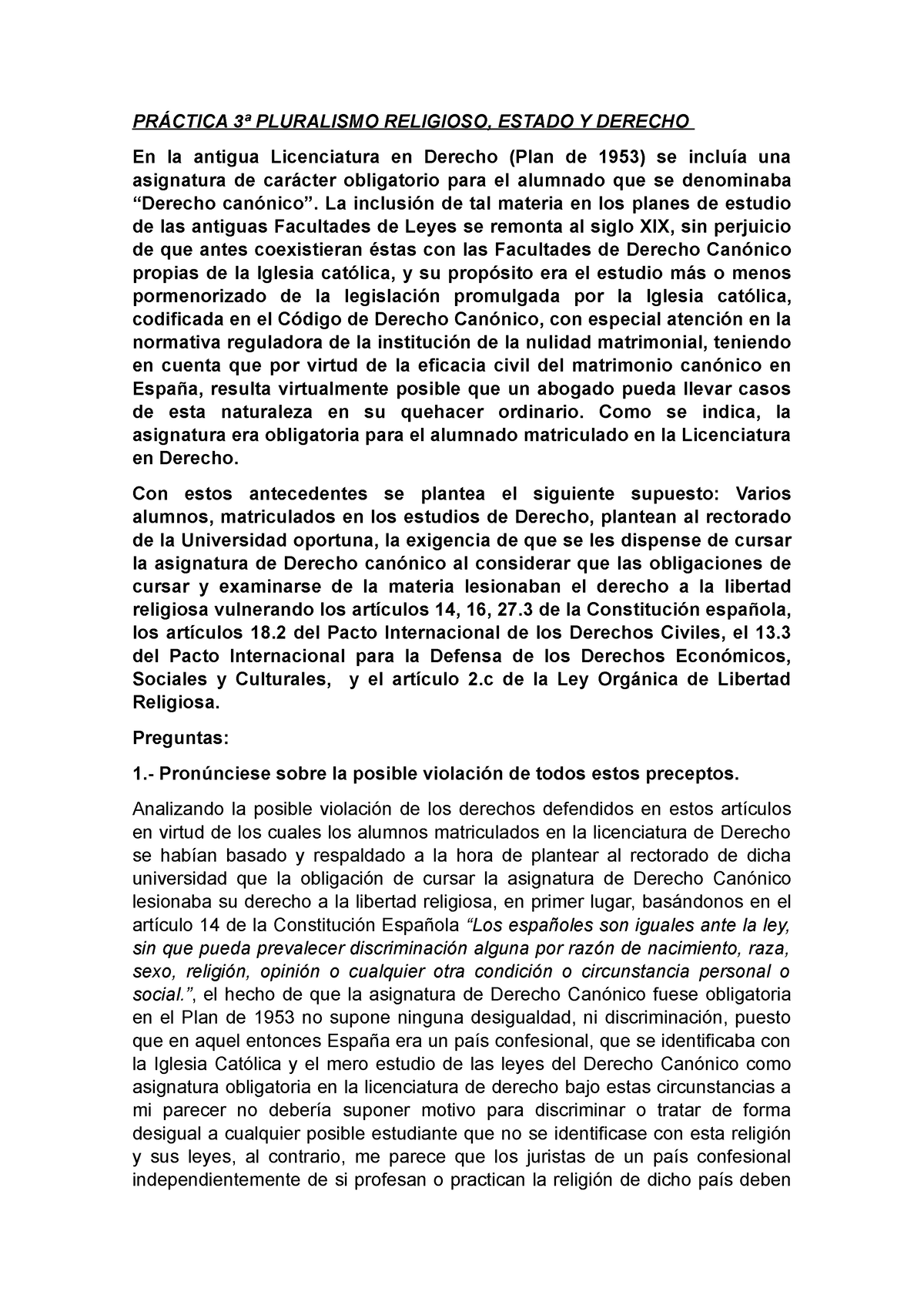 Práctica 3ª Pluralismo Religioso, Estado Y Derecho - PRÁCTICA 3ª ...