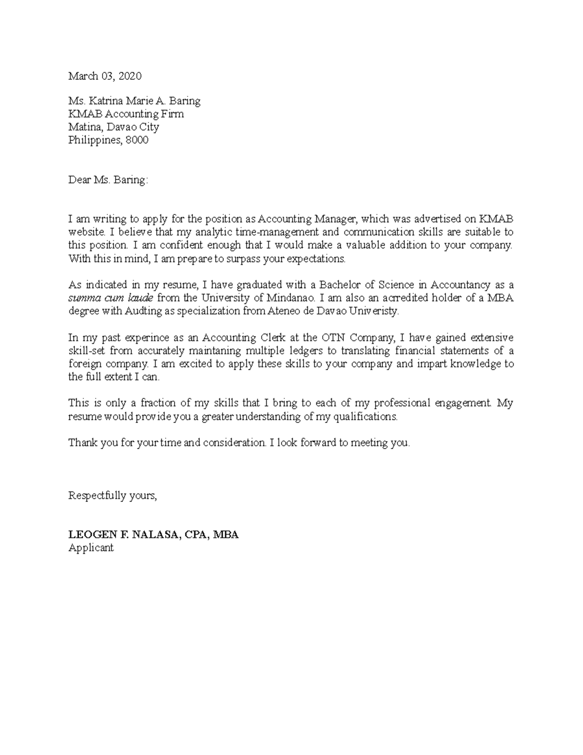 Application letter - Technical Writing - March 03, 2020 Ms. Katrina ...