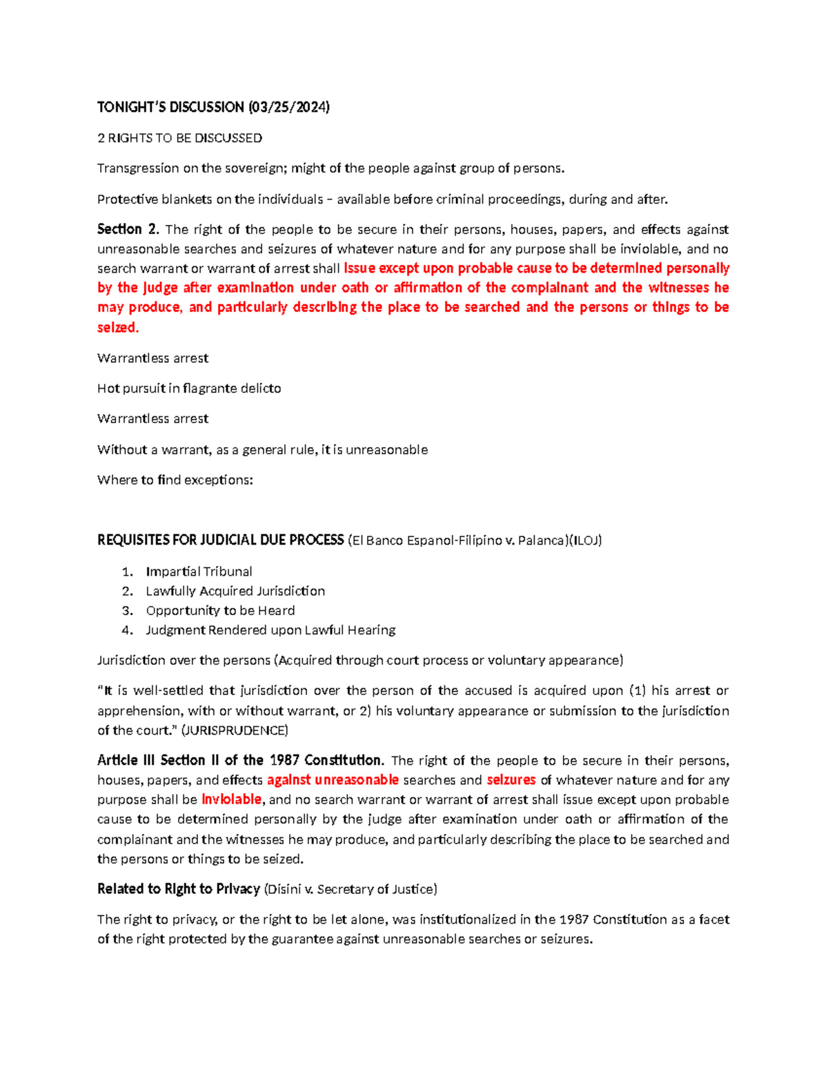 Module 7a arrest Notes - TONIGHT’S DISCUSSION (03/25/2024) 2 RIGHTS TO ...
