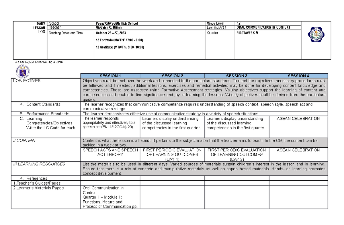 daily lesson log - DAILY LESSON LOG School Pasay City South High School ...