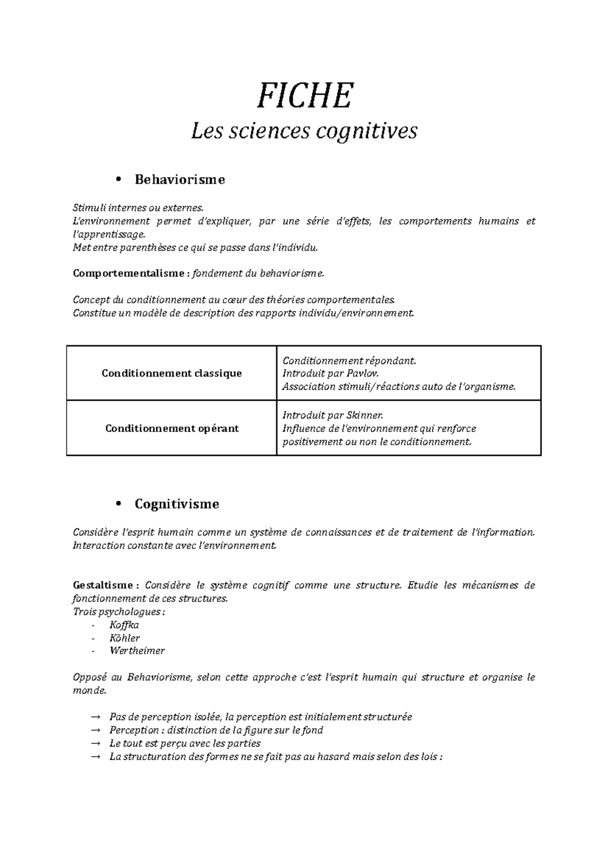 Fiche TD1 - Notes de cours Sciences cognitives - FICHE Les sciences ...