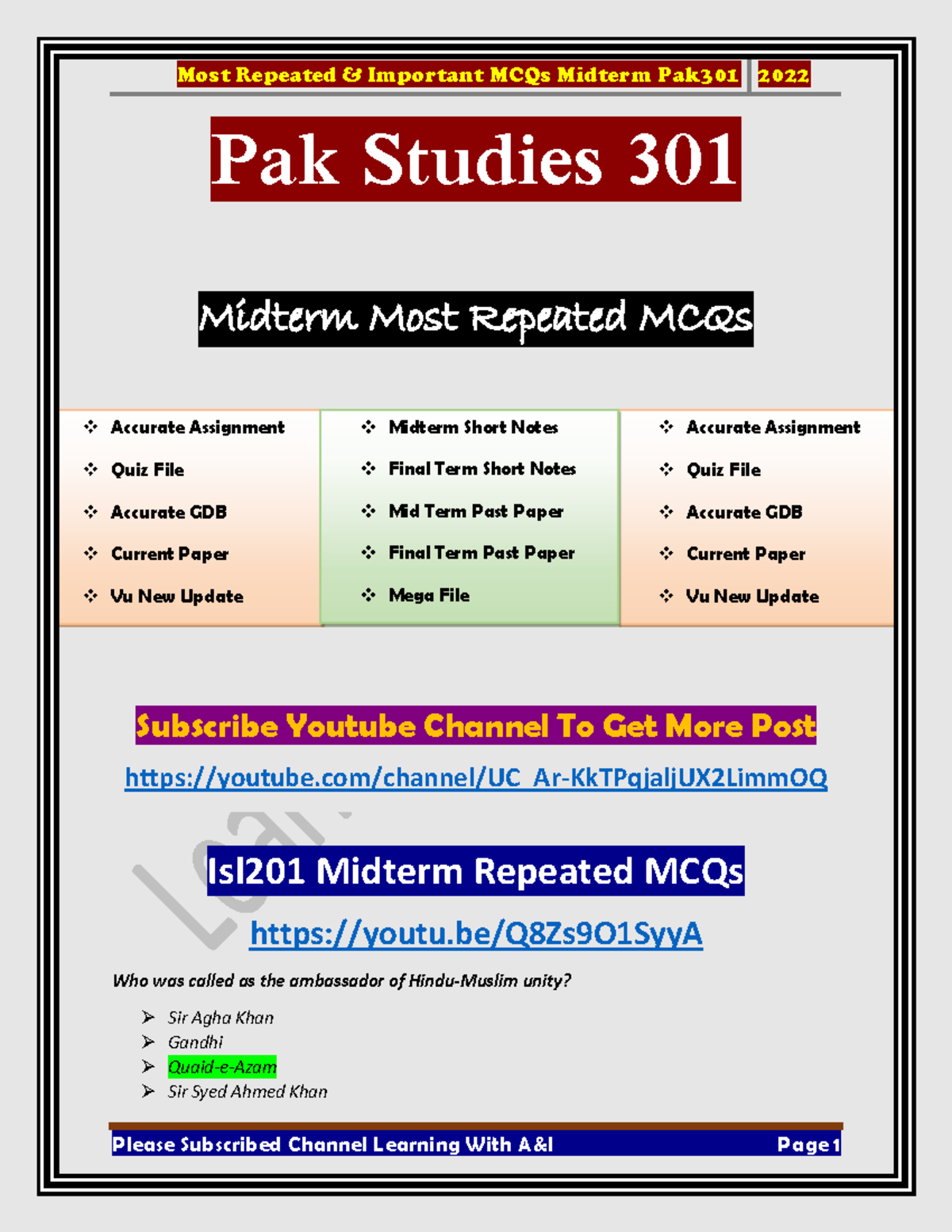 Pak301-Midterm-MCQs - Pak Studies 301 Midterm Most Repeated MCQs ...