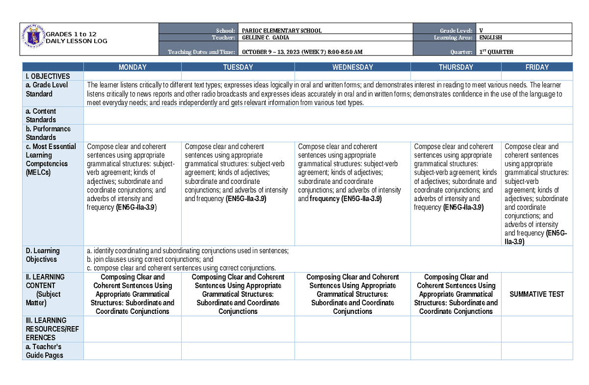 DLL English 5 Q1 W7 - DLP - GRADES 1 to 12 DAILY LESSON LOG School ...