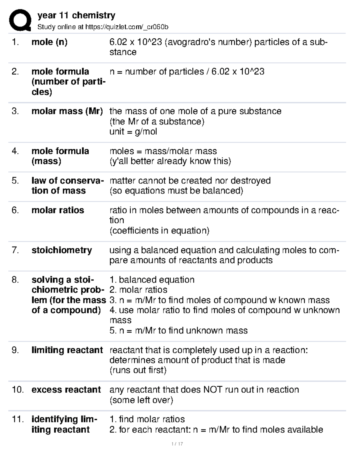 Chemistry Flash Cards Study online at quizlet/_cr060b mole (n) 6 x 10
