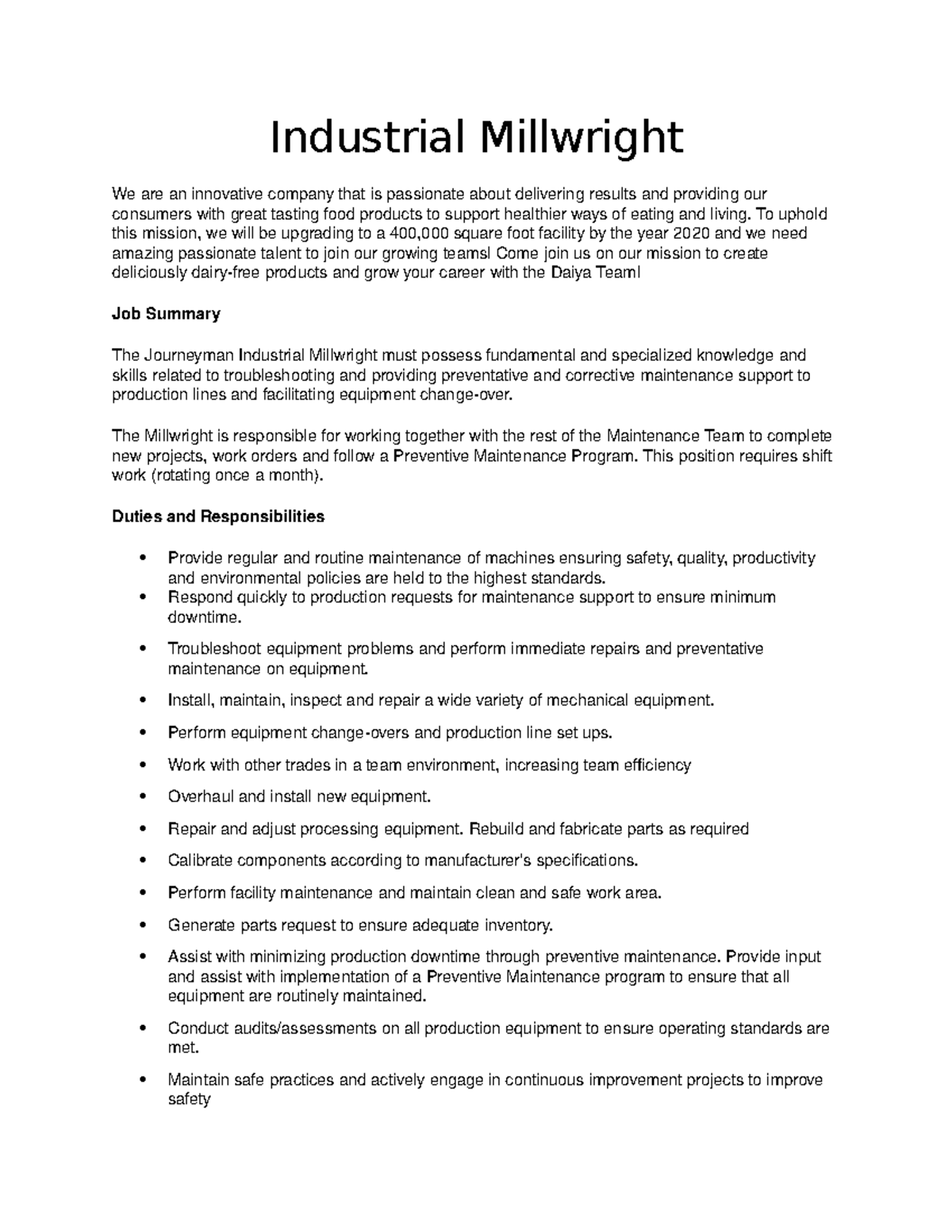 Industrial Millwright Job Description