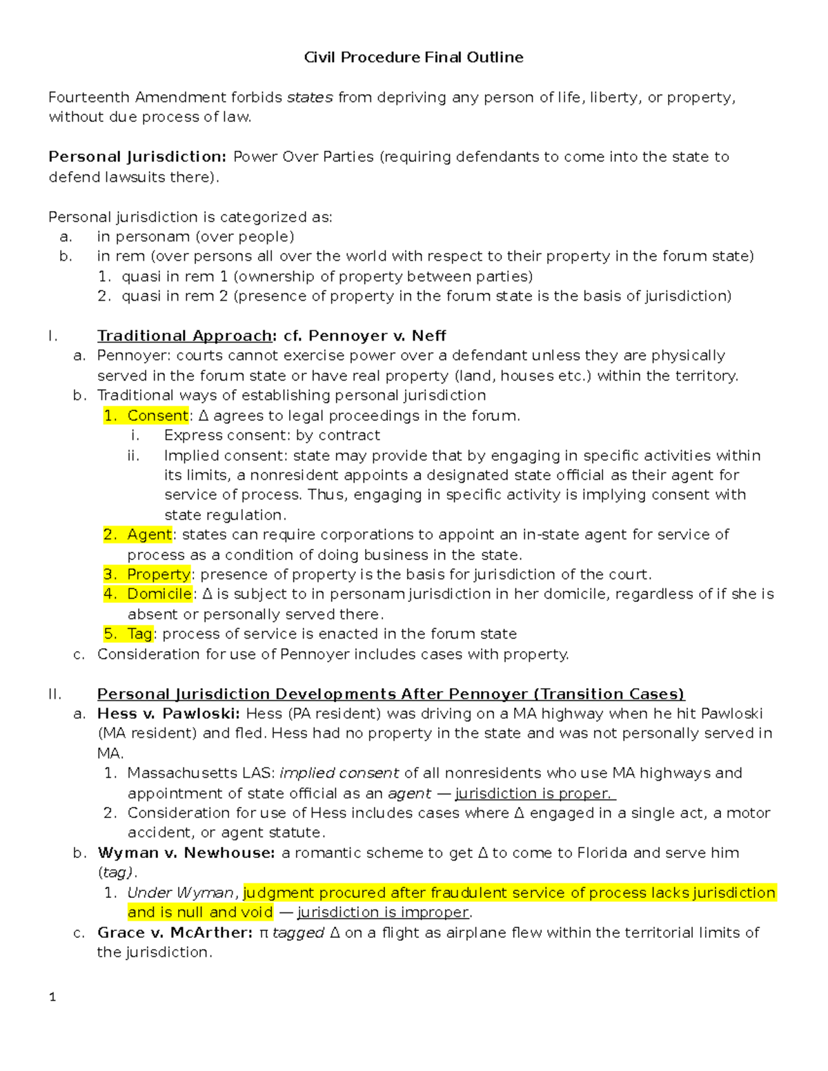 Civil Procedue Outline - Civil Procedure Final Outline Fourteenth ...