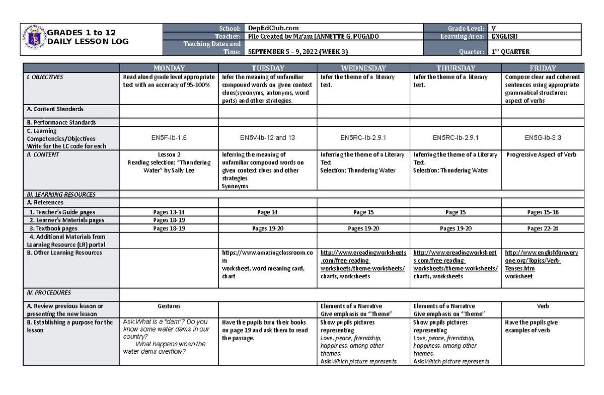 DLL English 5 Q1 W3 - GRADES 1 to 12 DAILY LESSON LOG School: DepEdClub ...