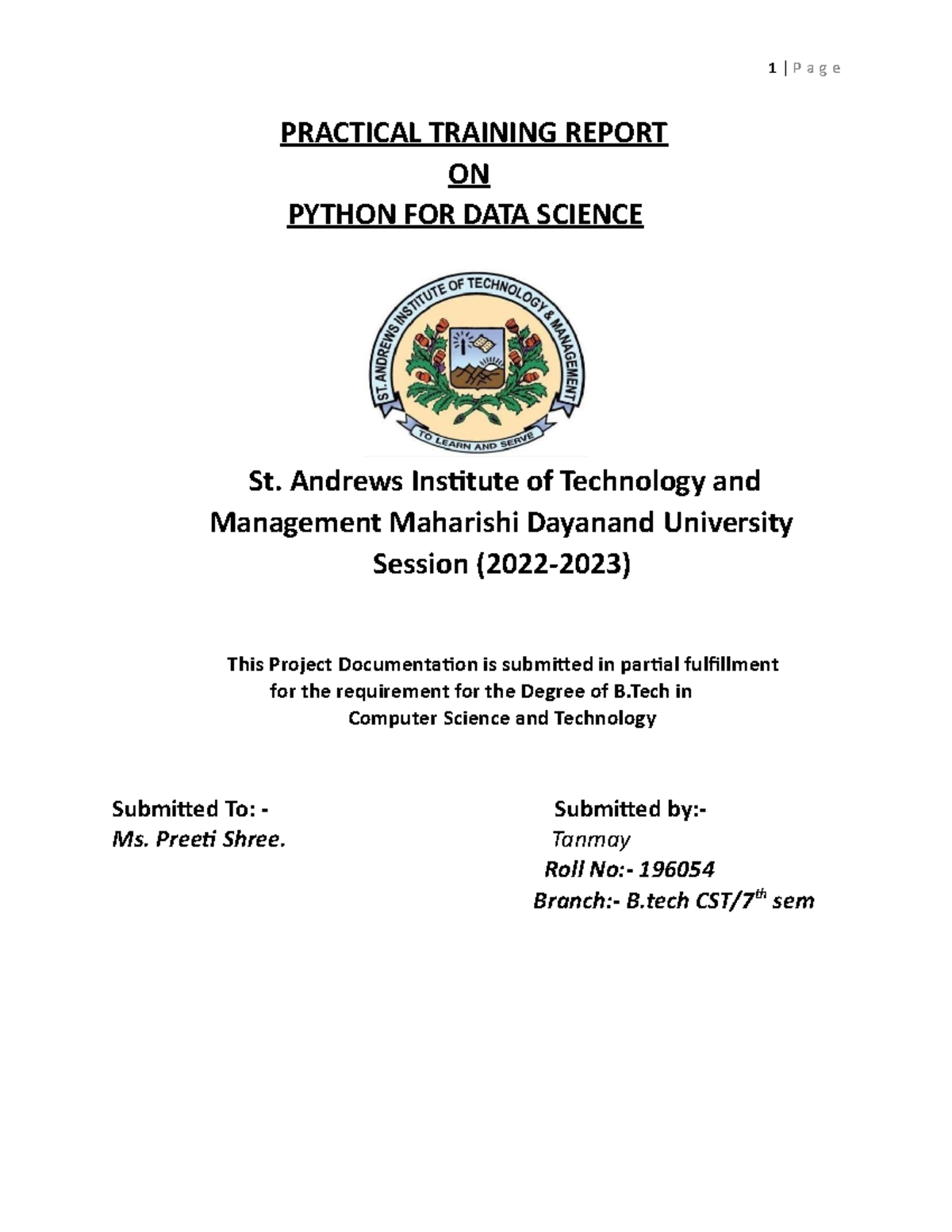 Practical Training Report - PRACTICAL TRAINING REPORT ON PYTHON FOR ...