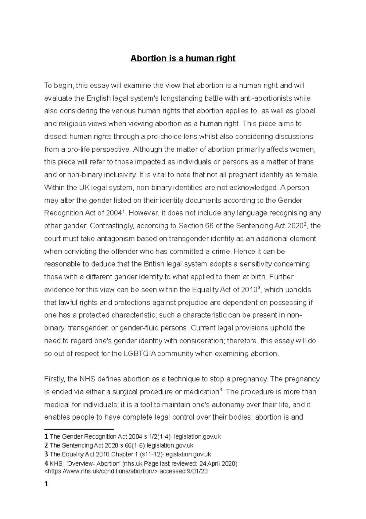 HR essay - Abortion is a human right To begin, this essay will examine ...