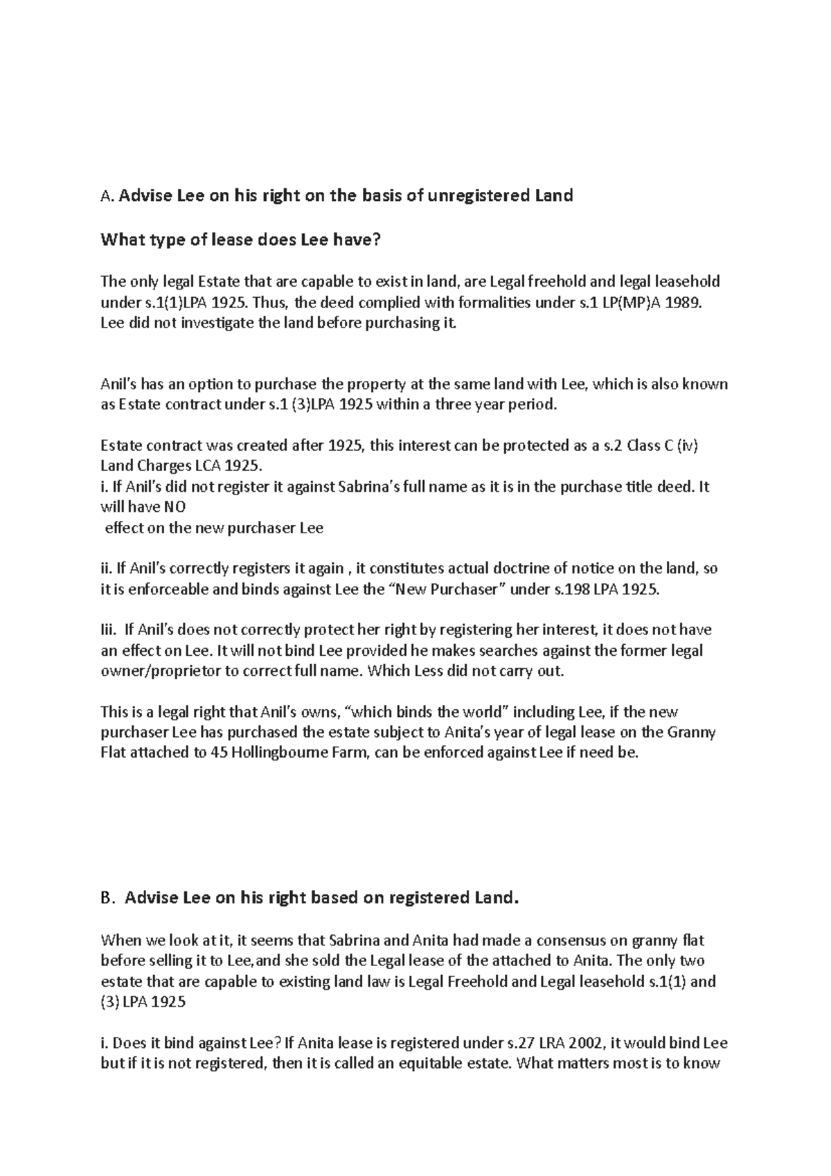 Unregistered and Regsetered Land 1 - A. Advise Lee on his right on the ...