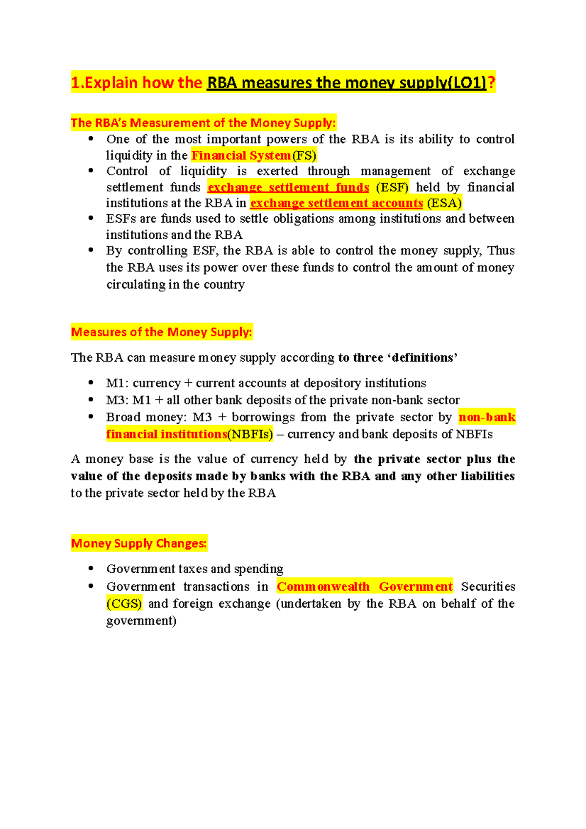 WEEK 5 Notes for QUIZ 2(20%) - 1 how the RBA measures the money supply ...