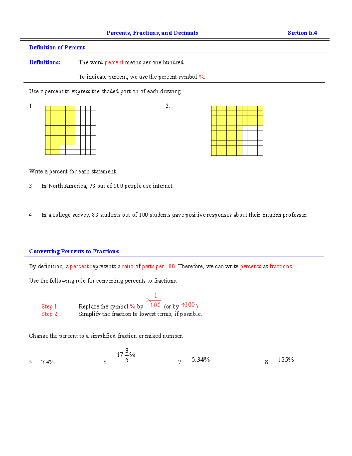 PIA Lecture Notes 6 - Percents, Fractions, and Decimals Section 6 ...