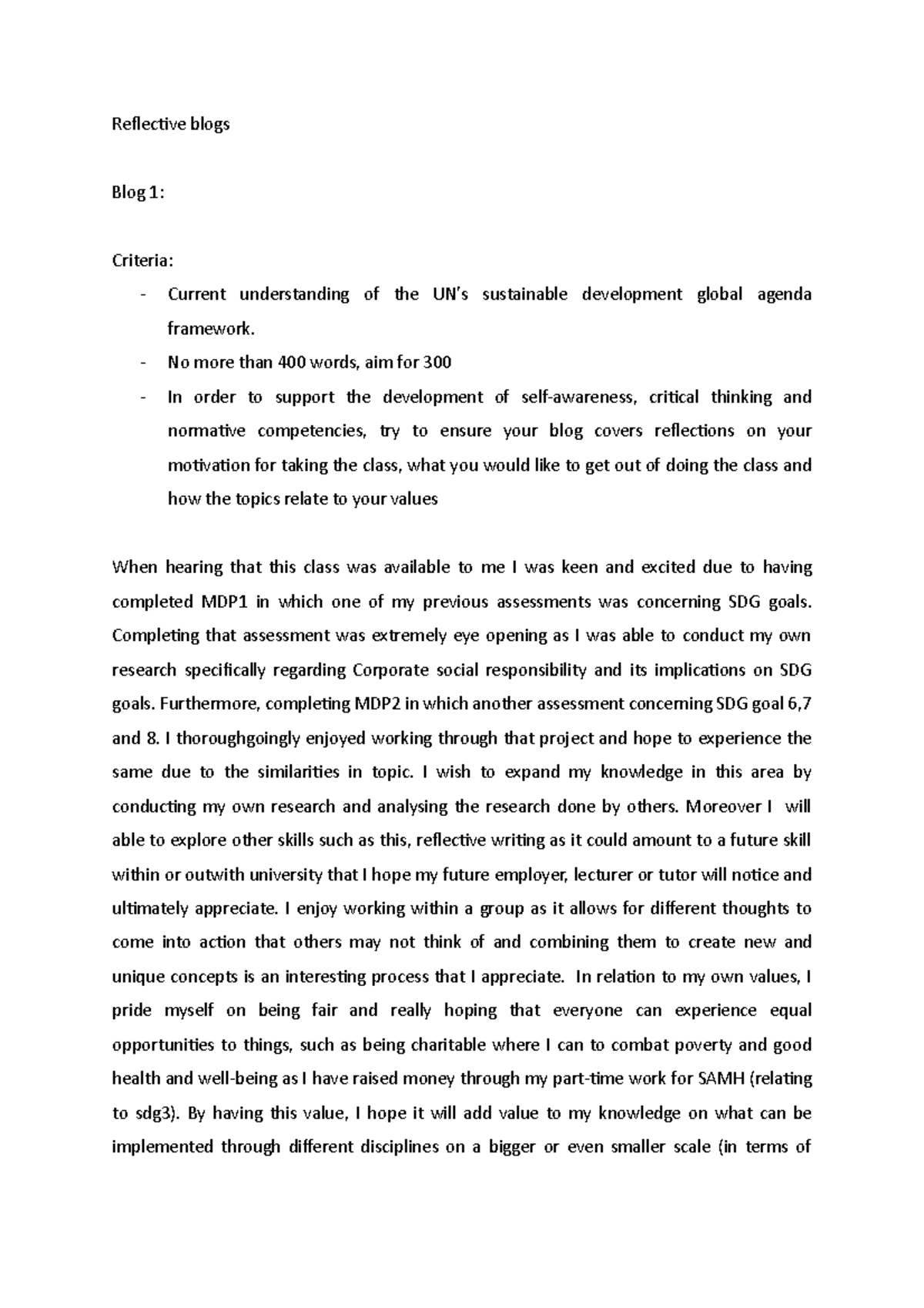 Reflective blogs - summative work - Reflective blogs Blog 1: Criteria ...