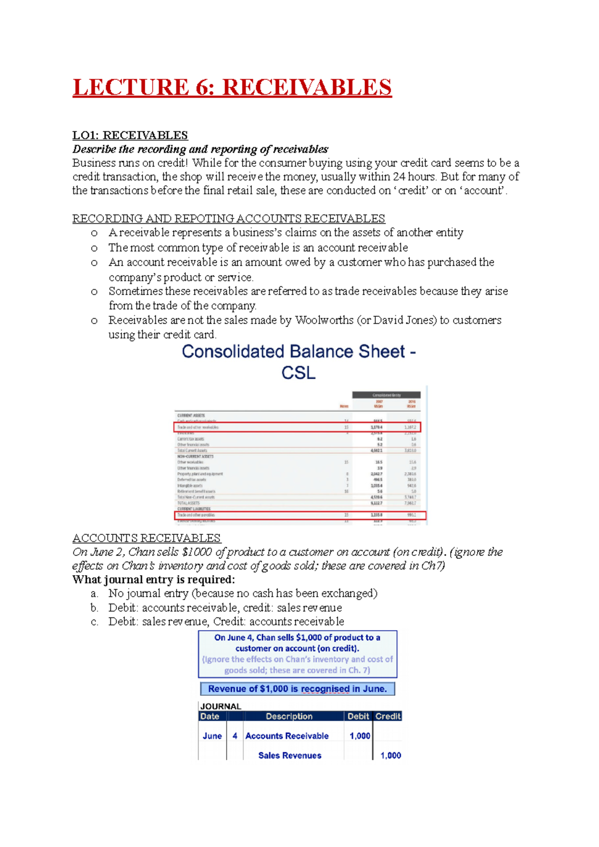 LEC 6 Notes - LECTURE 6: RECEIVABLES LO1: RECEIVABLES Describe the ...