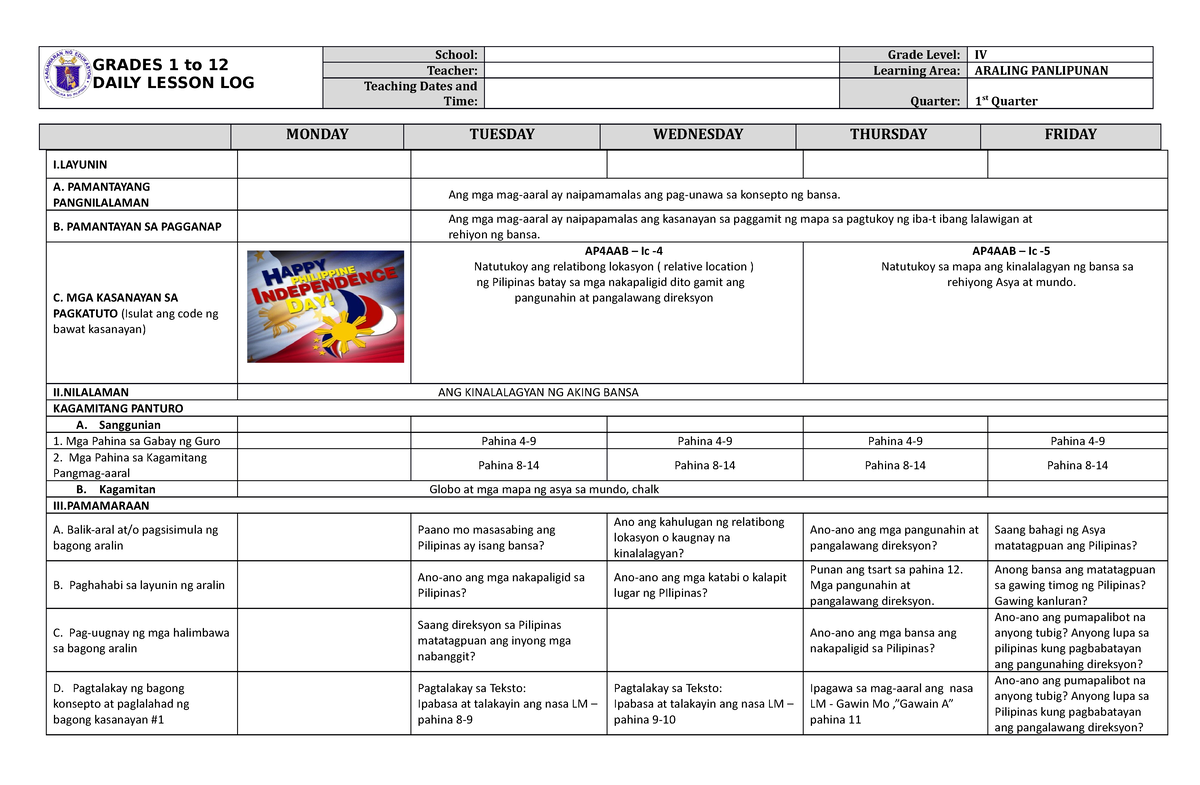 DLL Araling Panlipunan 4 Q1 W2 - GRADES 1 To 12 DAILY LESSON LOG School ...