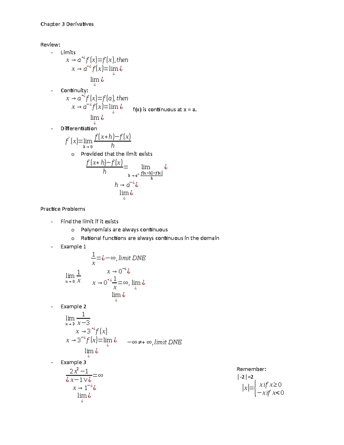 1 - Review of Derivatives, Limits - Chapter 3 Derivatives Review ...