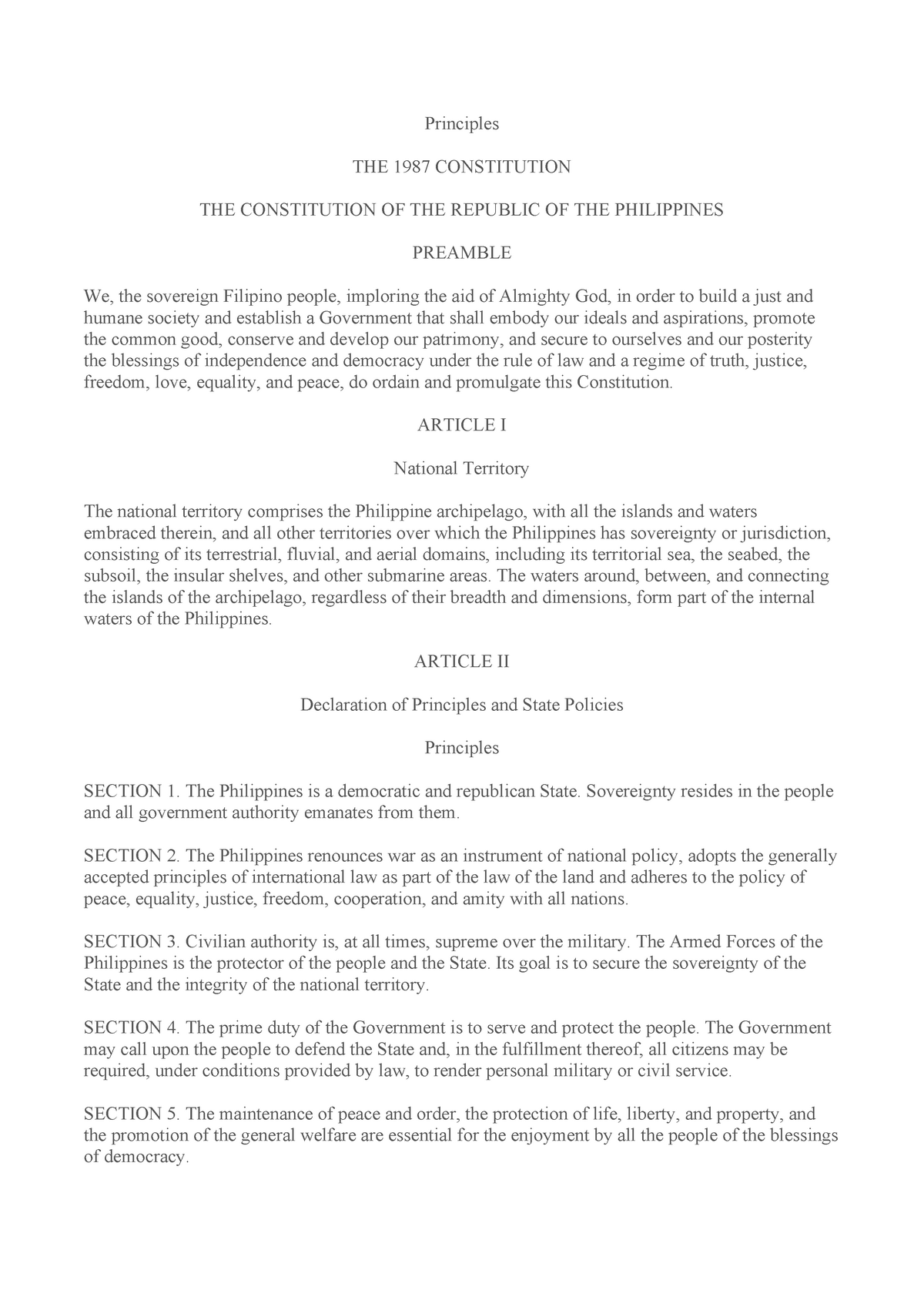 Philippine Constitution - Principles THE 1987 CONSTITUTION THE ...