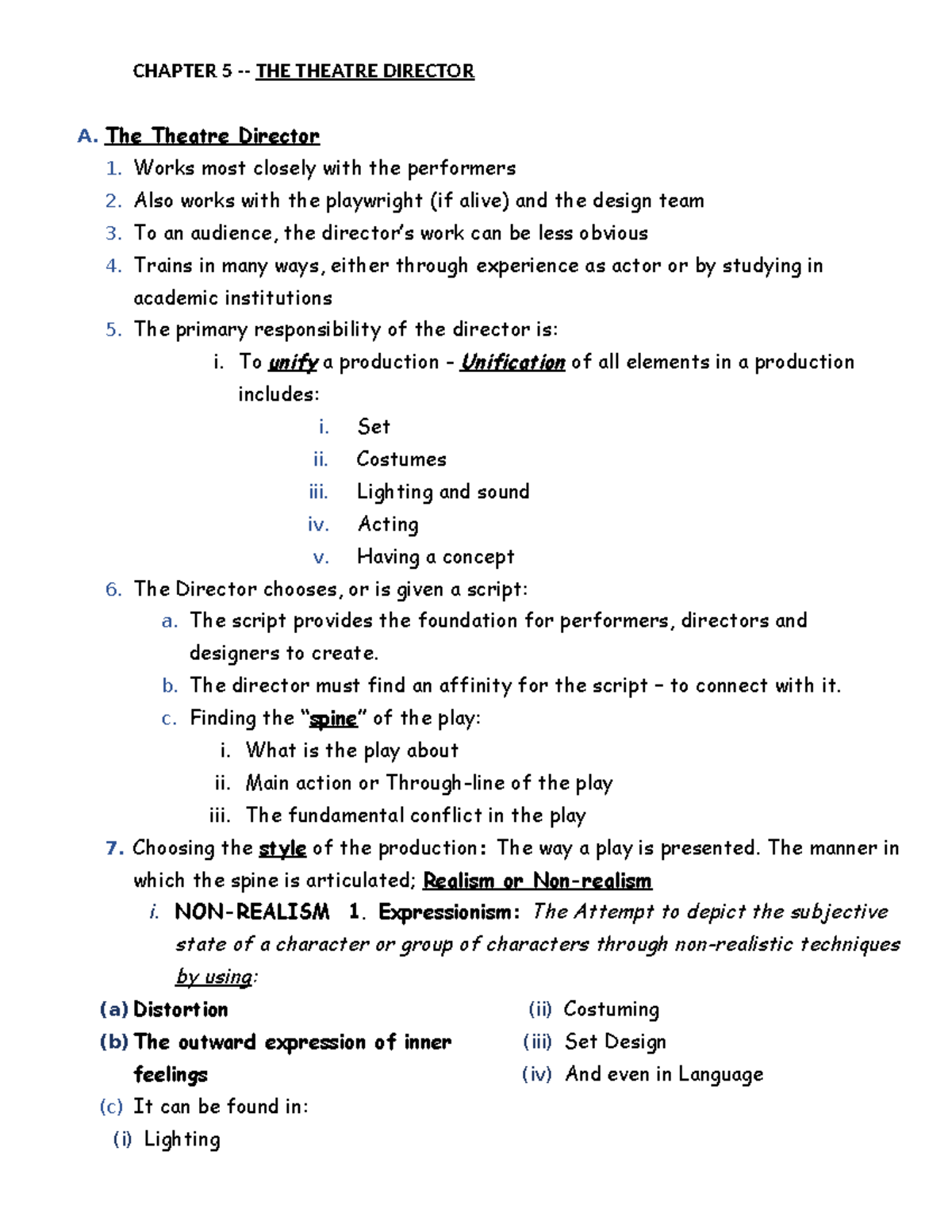 Chapter 5 Study Notes - A. The Theatre Director 1. Works most closely ...