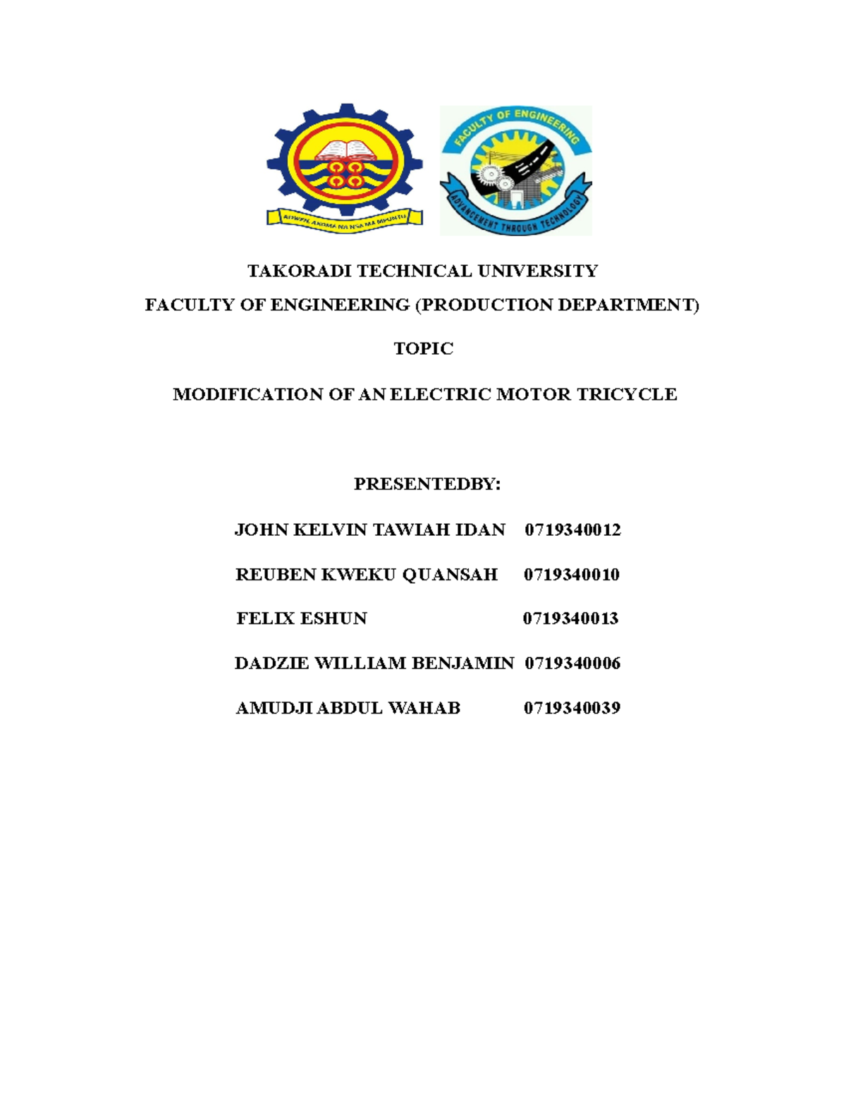 MODIFICATION OF AN ELECTRIC MOTOR TRICYCLE - TAKORADI TECHNICAL ...