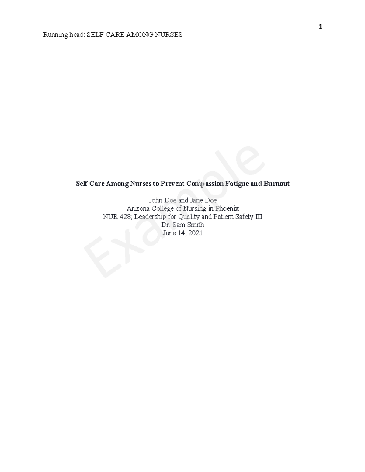 Sample group paper - Running head: SELF CARE AMONG NURSES Self Care ...
