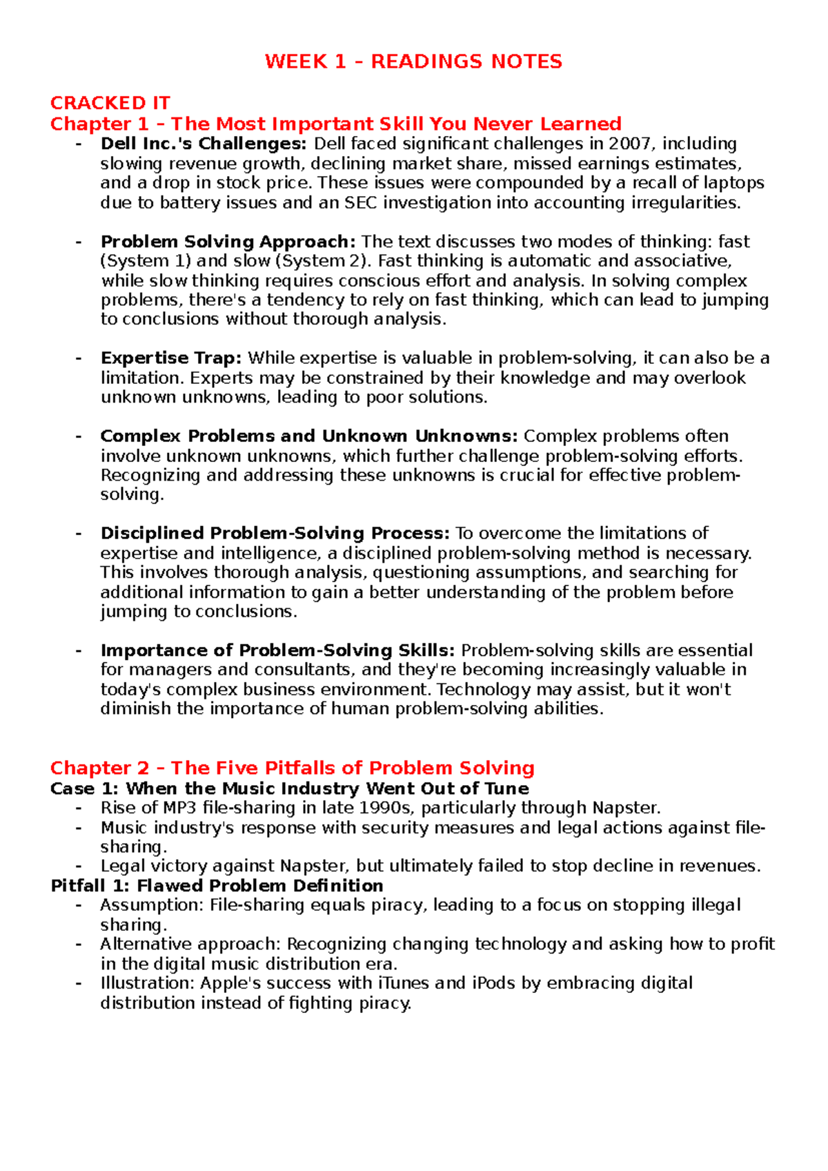 Week 1 - Readings Notes - WEEK 1 – READINGS NOTES CRACKED IT Chapter 1 ...