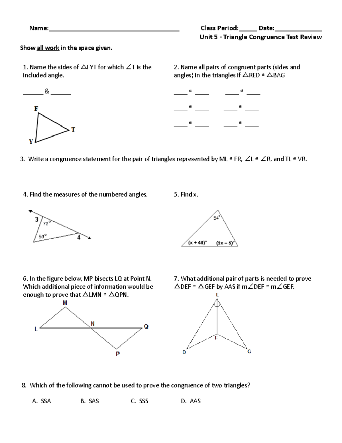 UG TEST Review 5 Triangle Congruence - Name ...