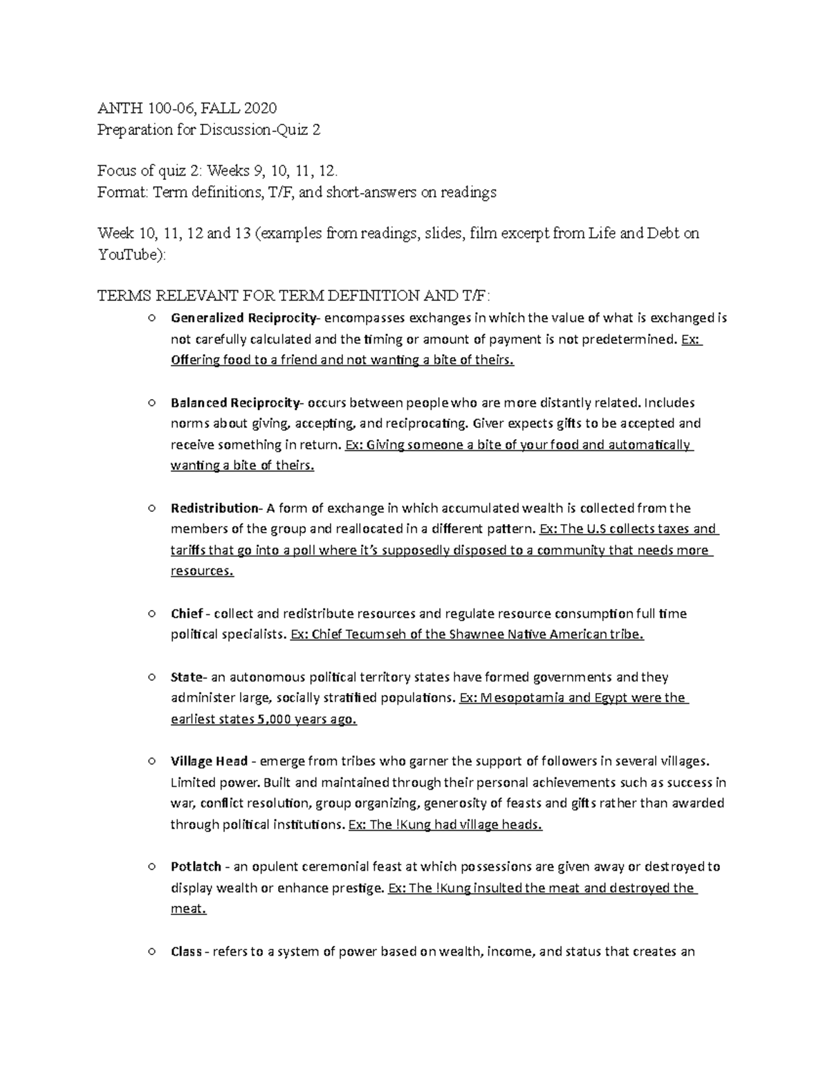 Anthropology Quiz 2 Study Guide (Terms) ANTH 10006, FALL 2020