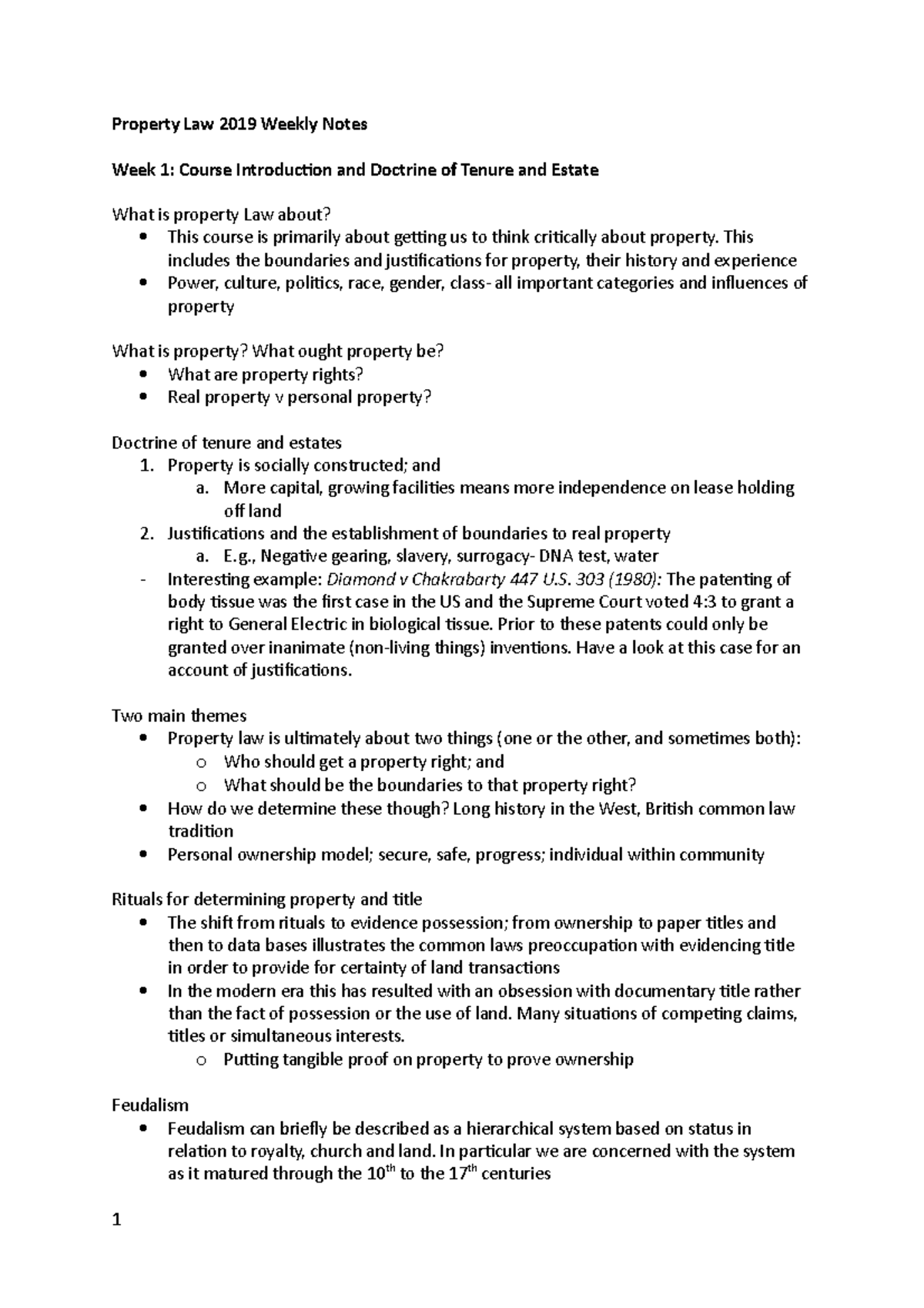 Property Law 2019 Weekly Notes - Property Law 2019 Weekly Notes Week 1 ...