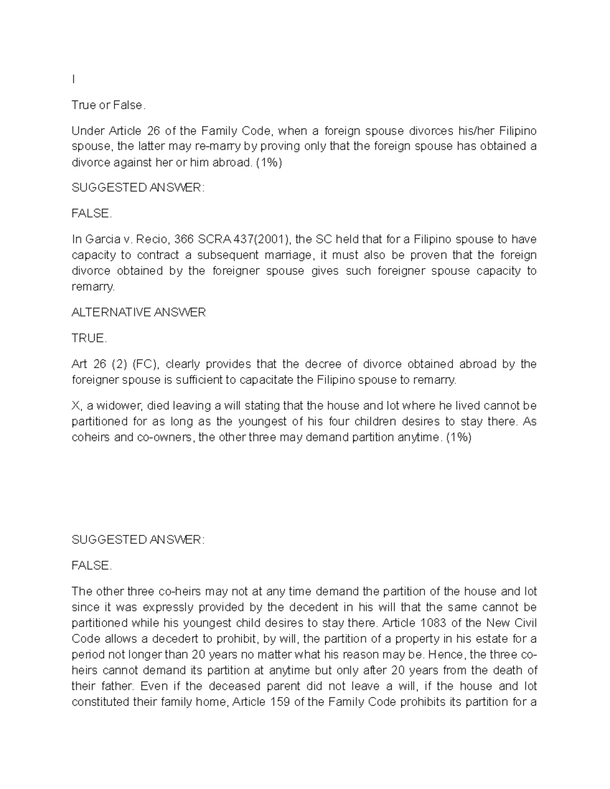 Finals BAR QS - NATRES - I True or False. Under Article 26 of the ...