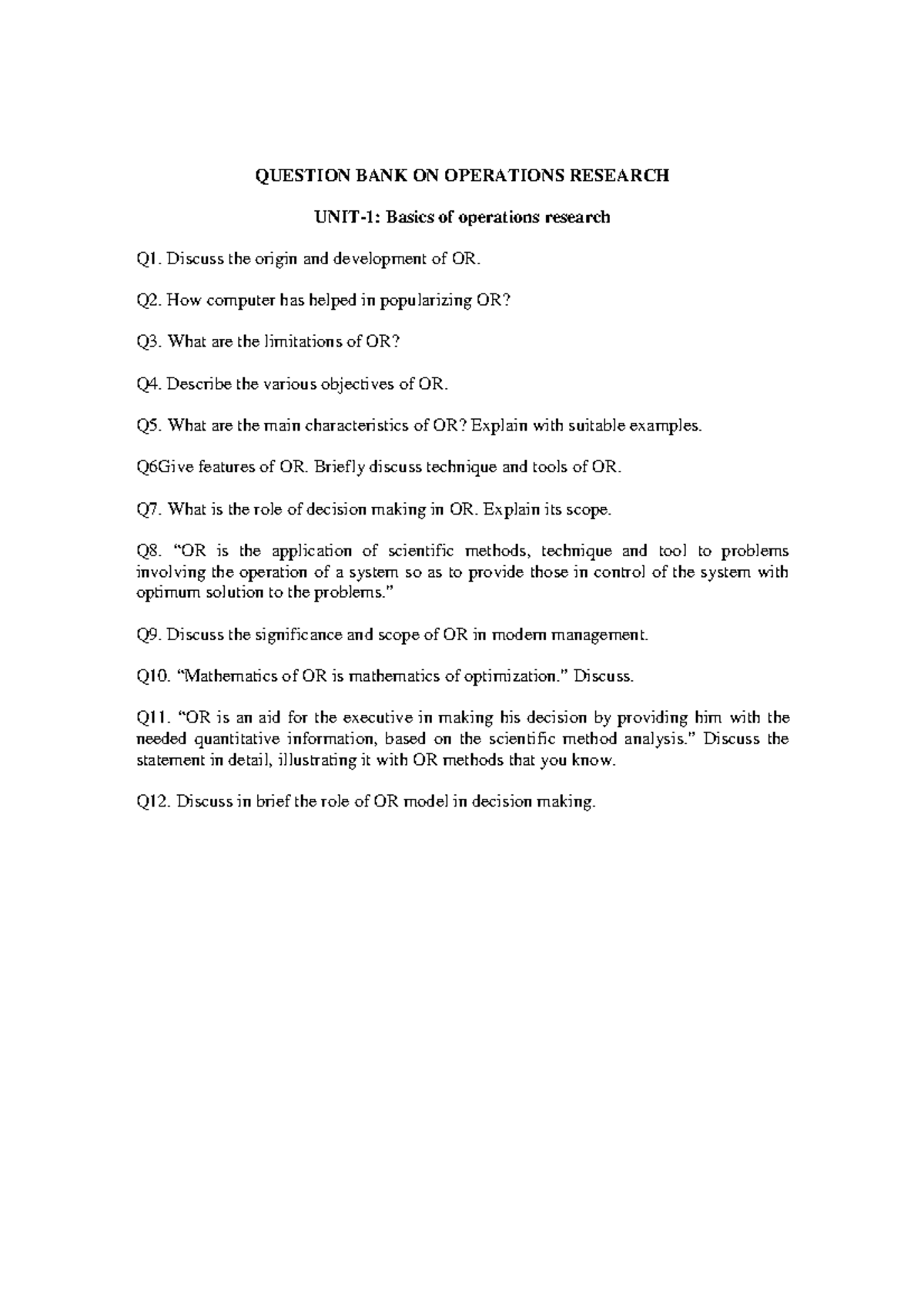 operations research mcq question bank with answers pdf