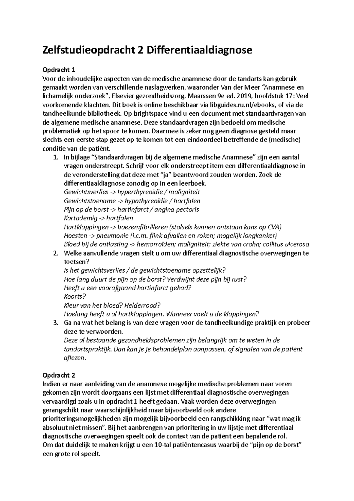 Zelfstudieopdracht 2 Differentiaaldiagnose - Zelfstudieopdracht 2 ...