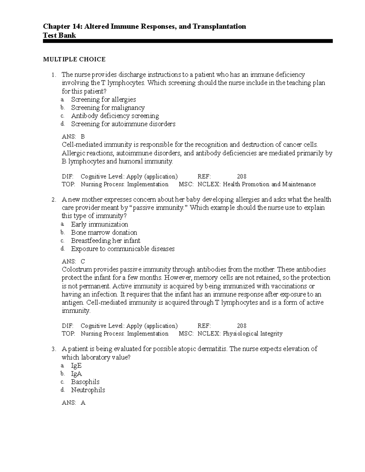 Ch14 - Practice Questions - Chapter 14: Altered Immune Responses, and ...