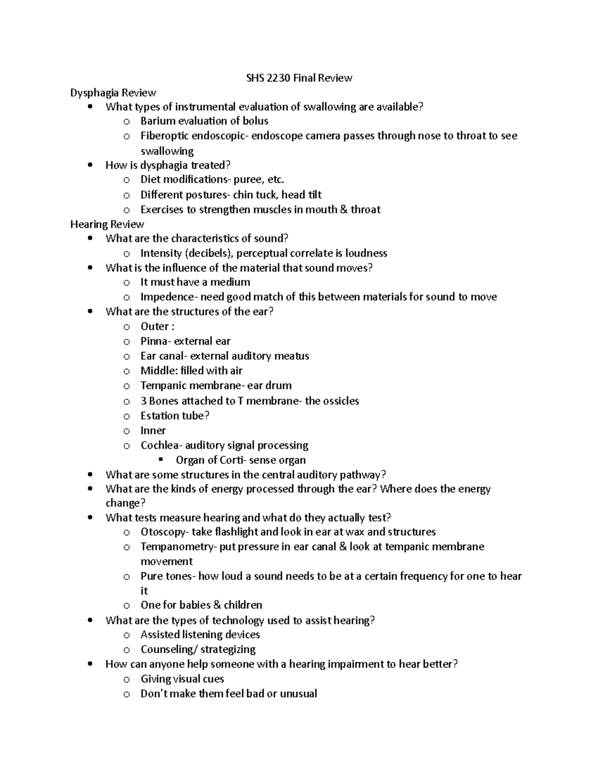 SHS 2230 Final Review - SHS 2230 Final Review Dysphagia Review What ...