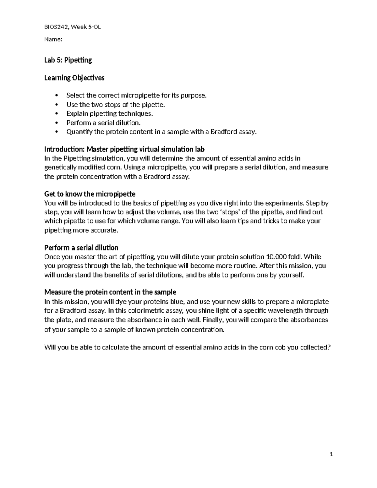 OL Pipetting (1) week 5 - lab assignment week 5 or 6 - BIOS242, Week 5 ...