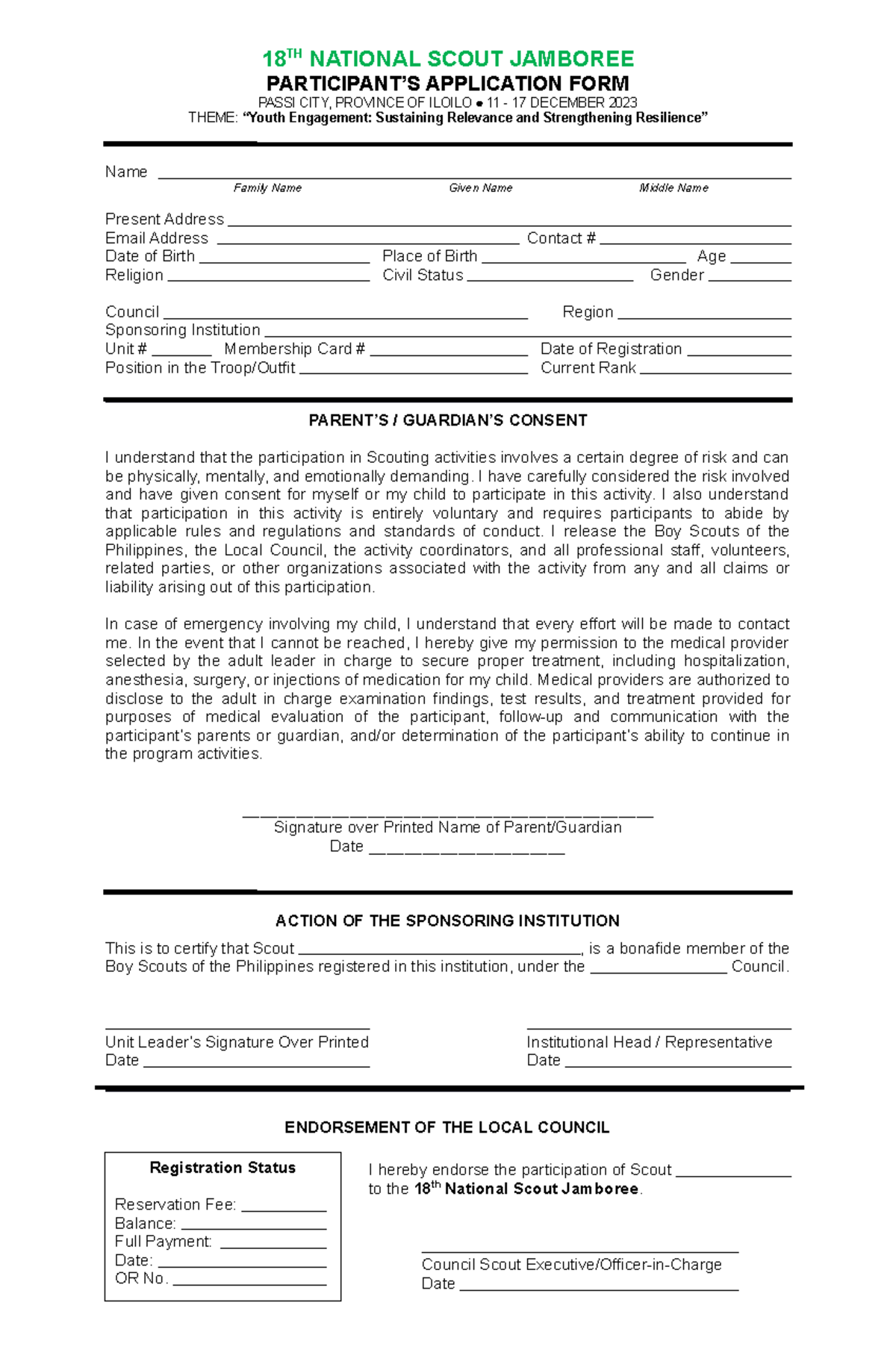 ParticipantsApplicationForm 18 TH NATIONAL SCOUT JAMBOREE