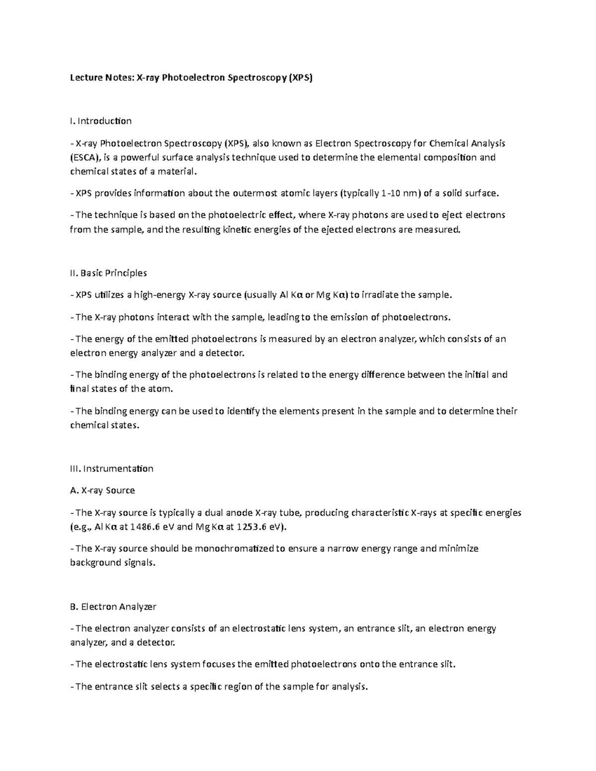 Lecture Notes: X-ray Photoelectron Spectroscopy (XPS) - Introduction X ...