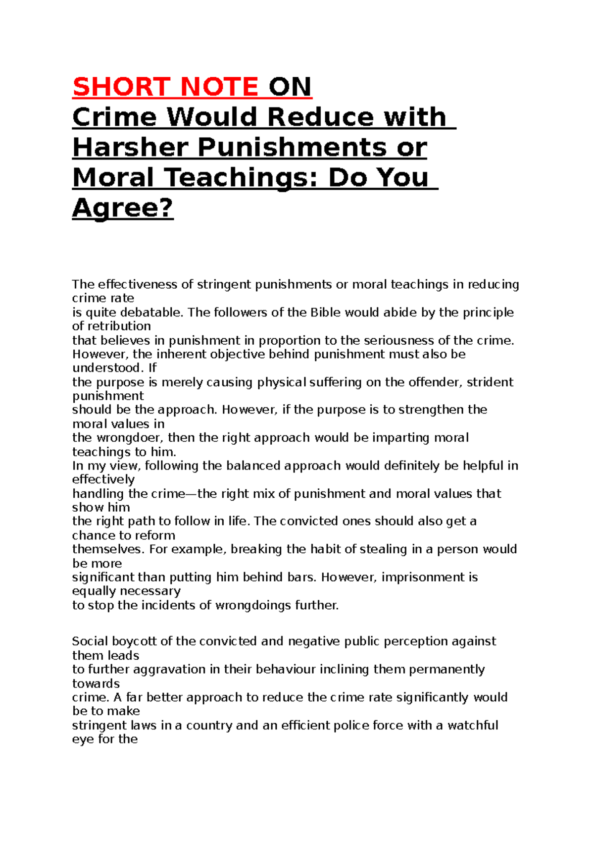 Short NOTE ON - Crime Would Reduce with Harsher Punishments or Moral ...