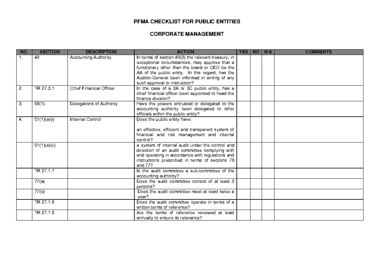 PFMA and Treasury Regulations compliance check list - PFMA CHECKLIST ...