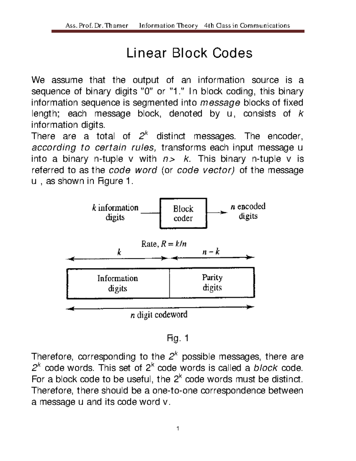 Radio network a planing - Linear Block Codes We assume that the output ...