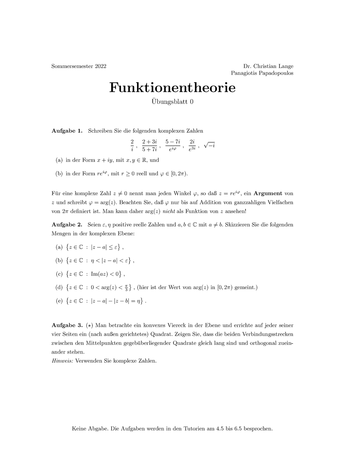 ÜB 01 FT 1. Übung Funktionstheorie SS 22 LMU Sommersemester 2022 Dr