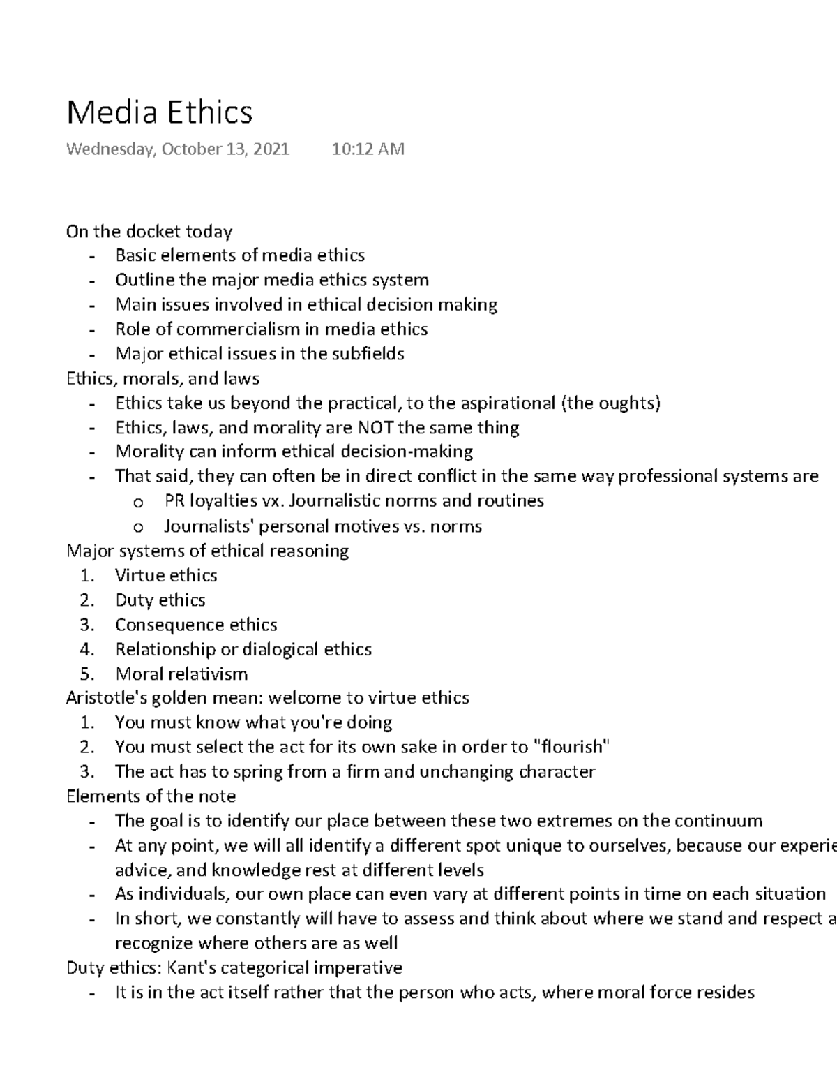 Intro to Mass Communications Media Ethics Media Ethics Wednesday