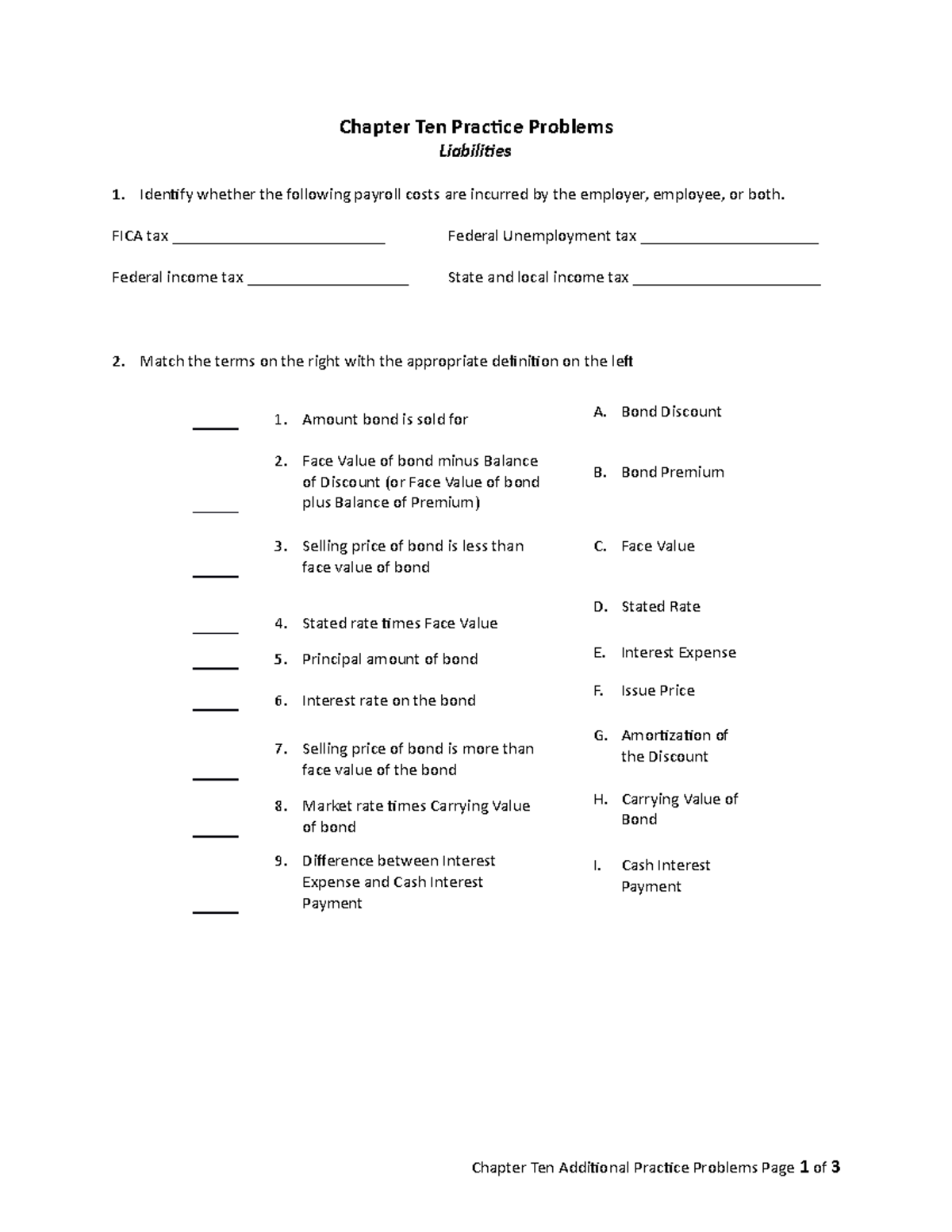Chapter Ten Additional Practice Problems - Chapter Ten Practice ...