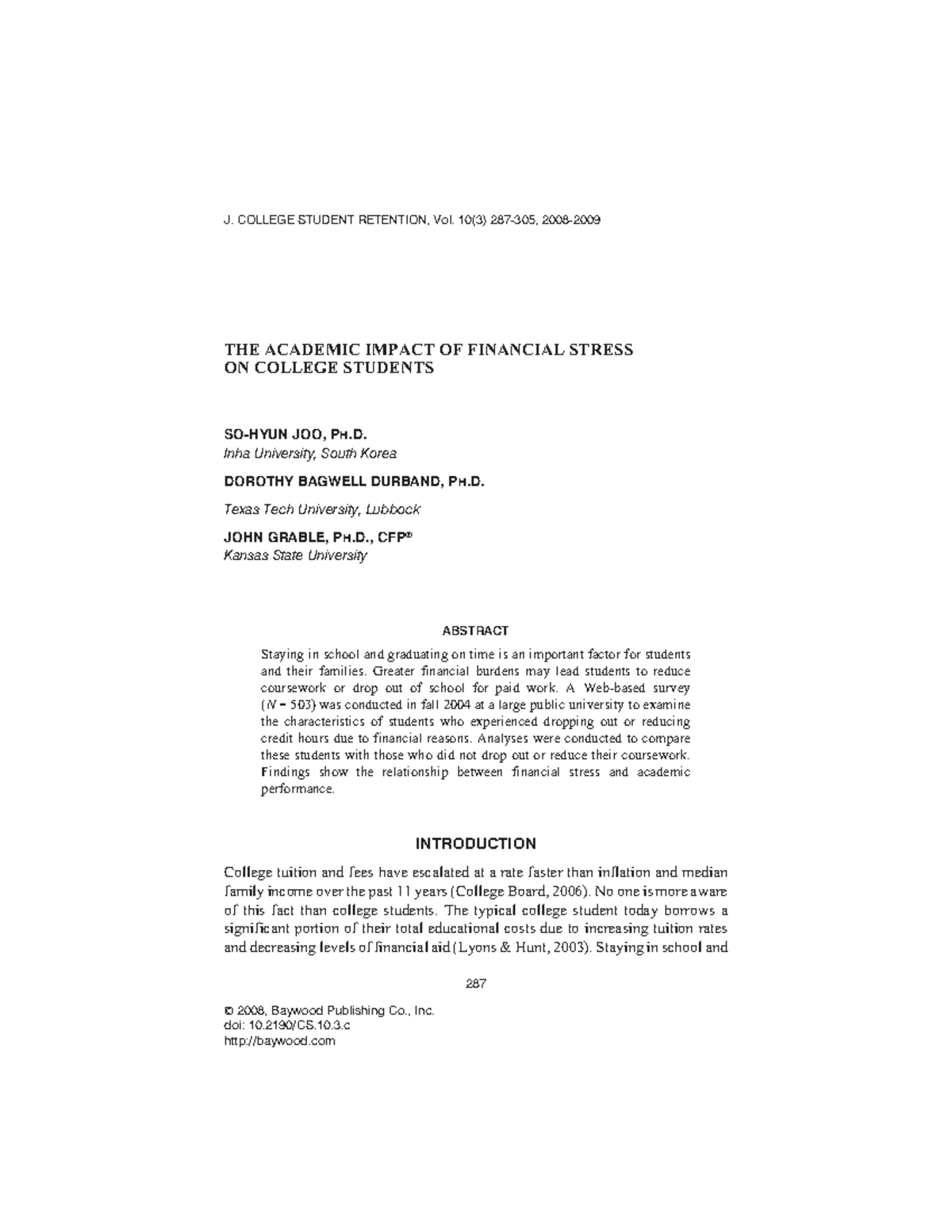 The Academic Impact of Financial Stress on College Students - J ...
