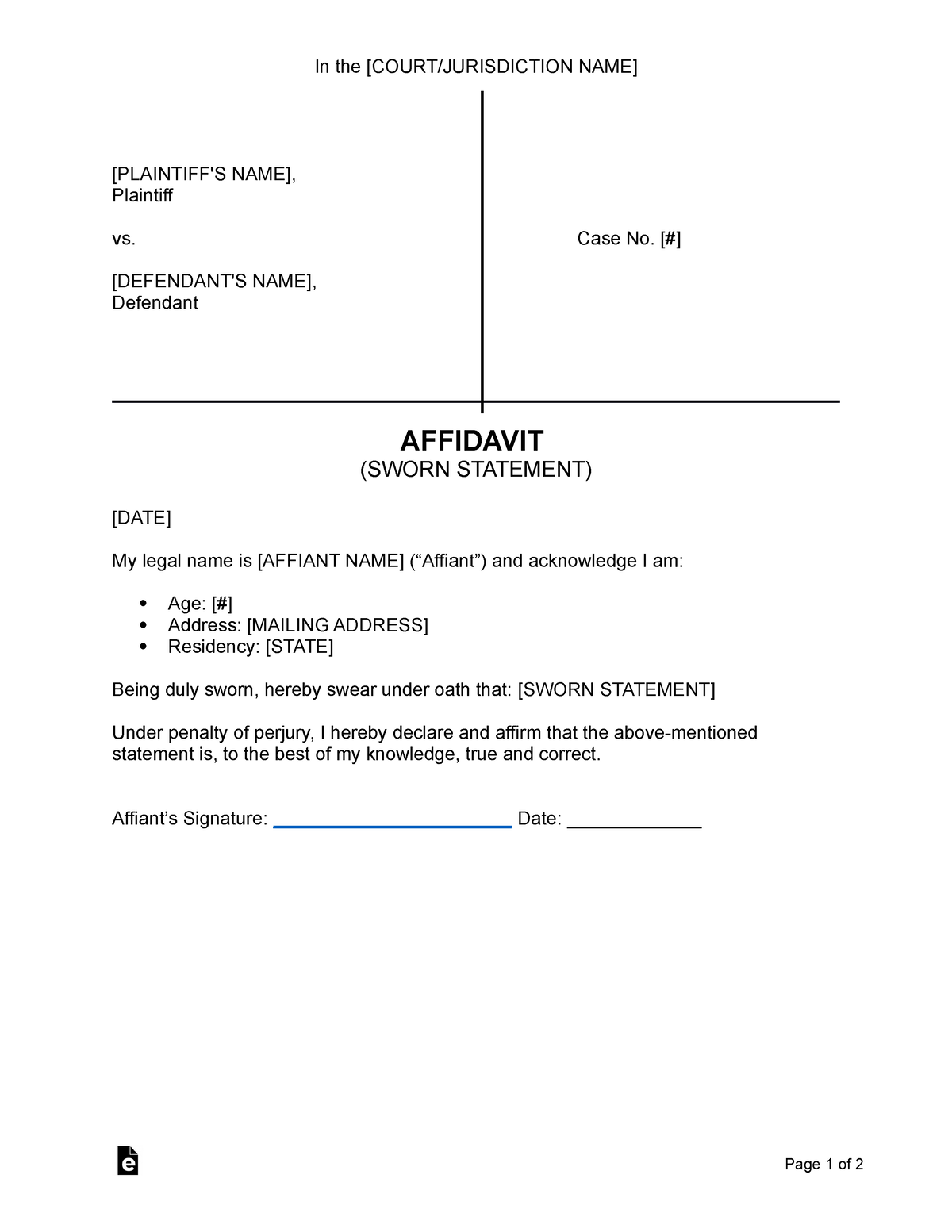 Court Affidavit sworn statement - In the [COURT/JURISDICTION NAME ...