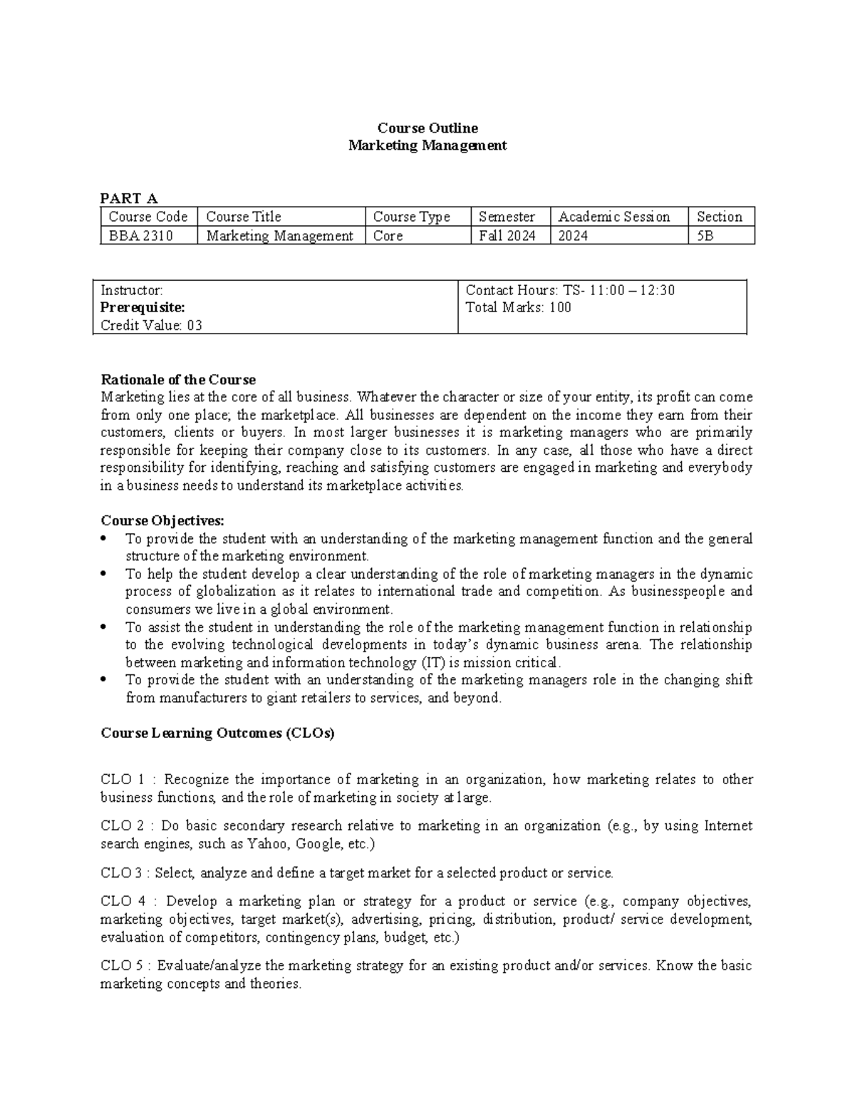 Course Outline SKG MKT MGT - Course Outline Marketing Management PART A ...