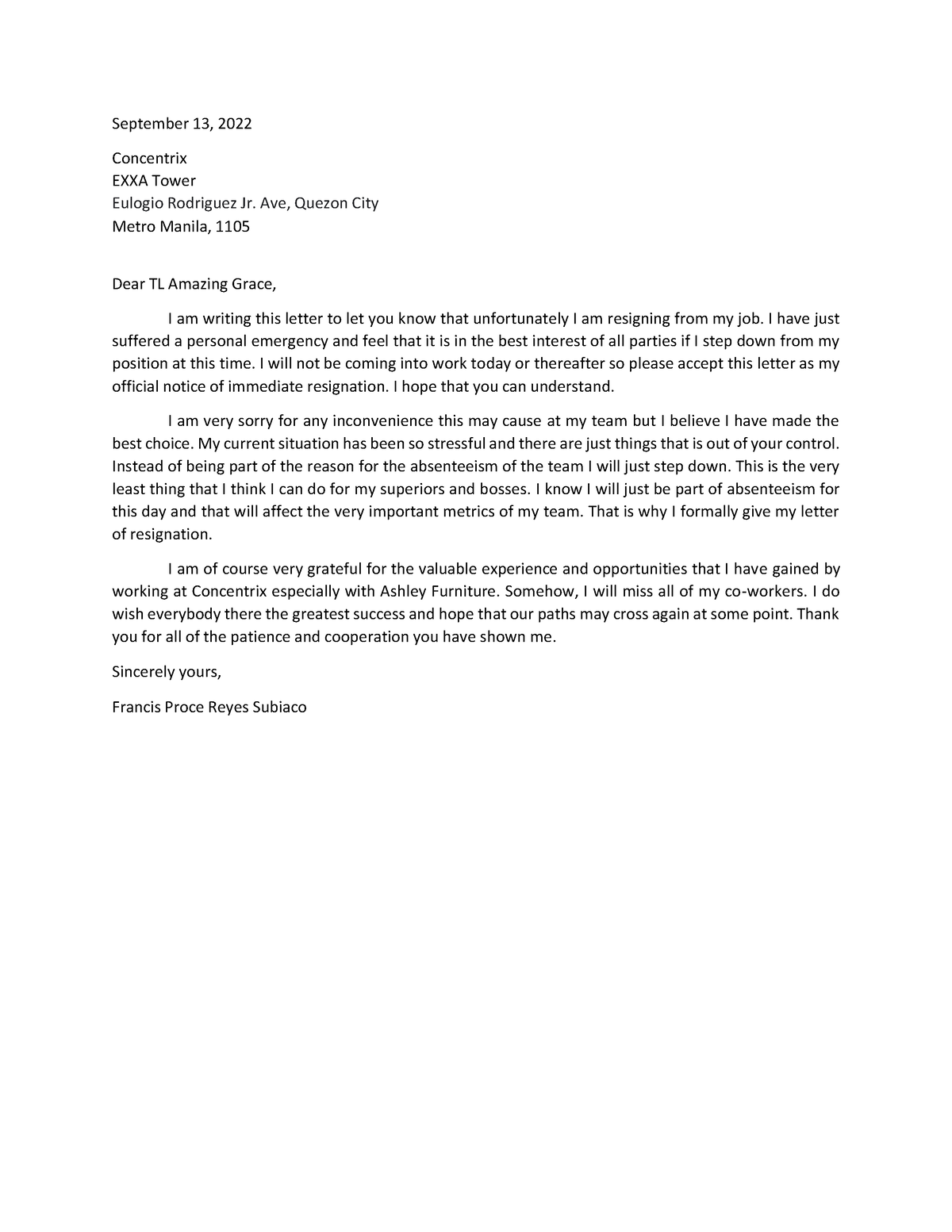 Resignation Letter - None - September 13, 2022 Concentrix EXXA Tower ...