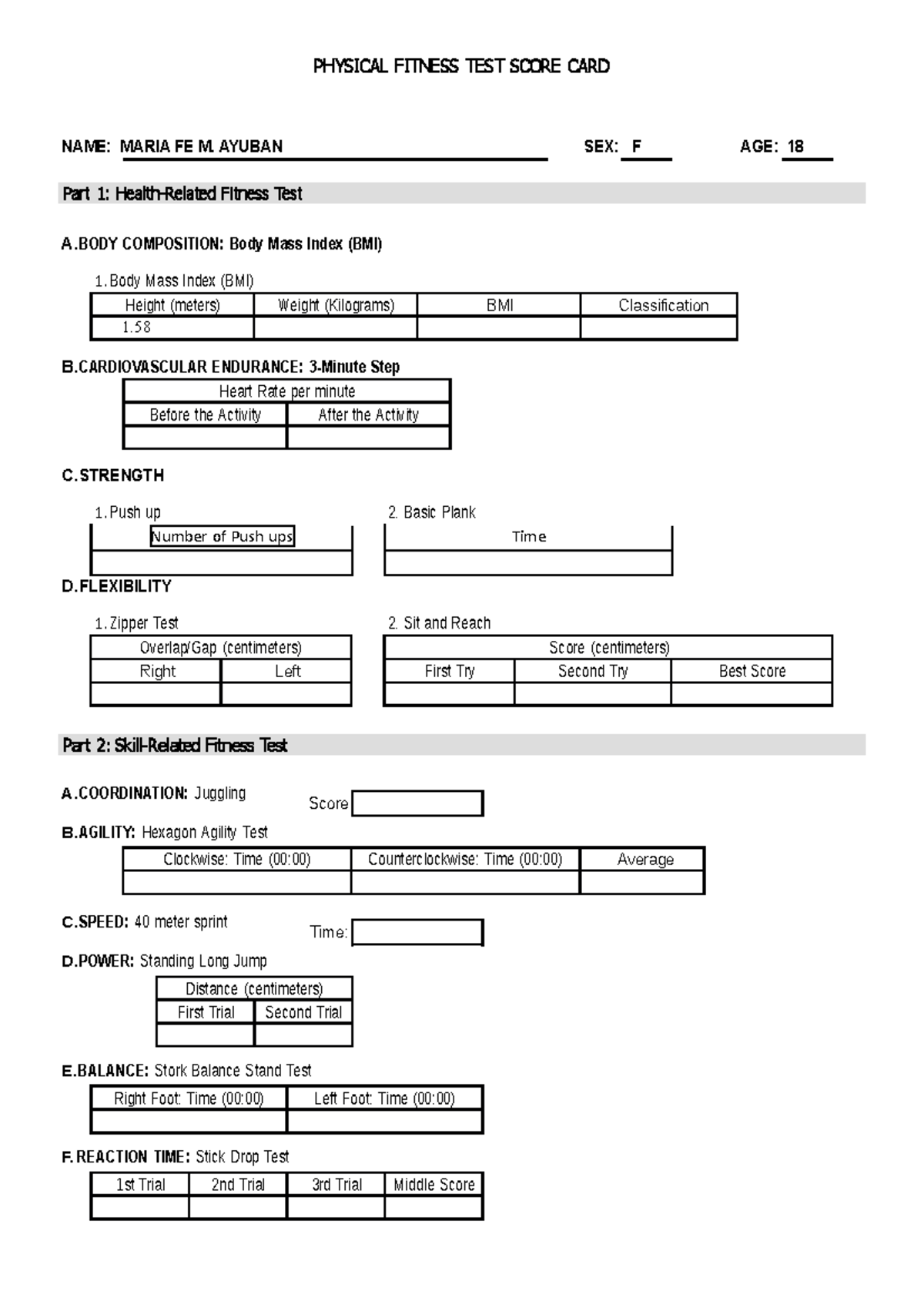 Deped Physical Fitness Test Score Sheet All Photos Tmimages Org Free